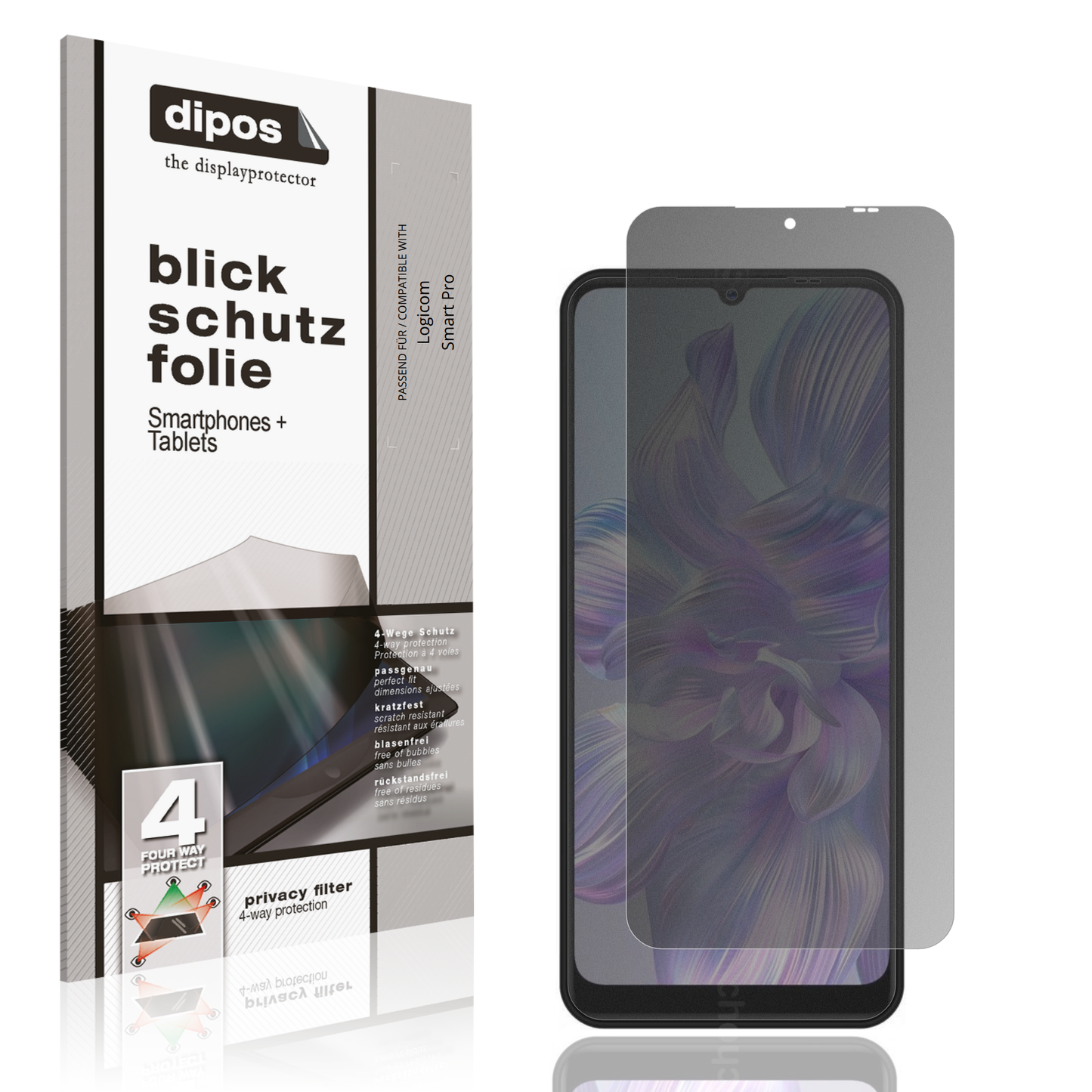 Blickschutzfolie von dipos passend für Logicom Smart Pro, präziser Zuschnitt und blasenfrei montiert