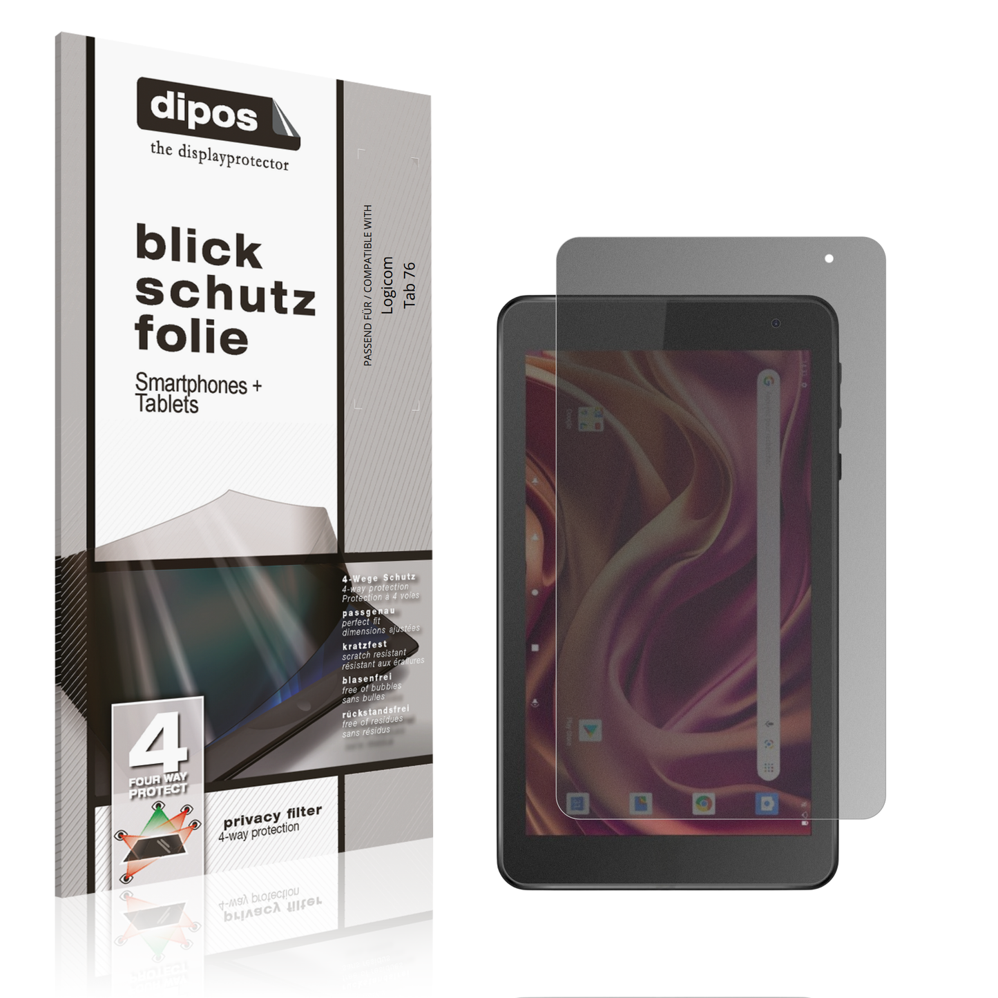 Blickschutzfolie von dipos passend für Logicom Tab 76, präziser Zuschnitt und blasenfrei montiert