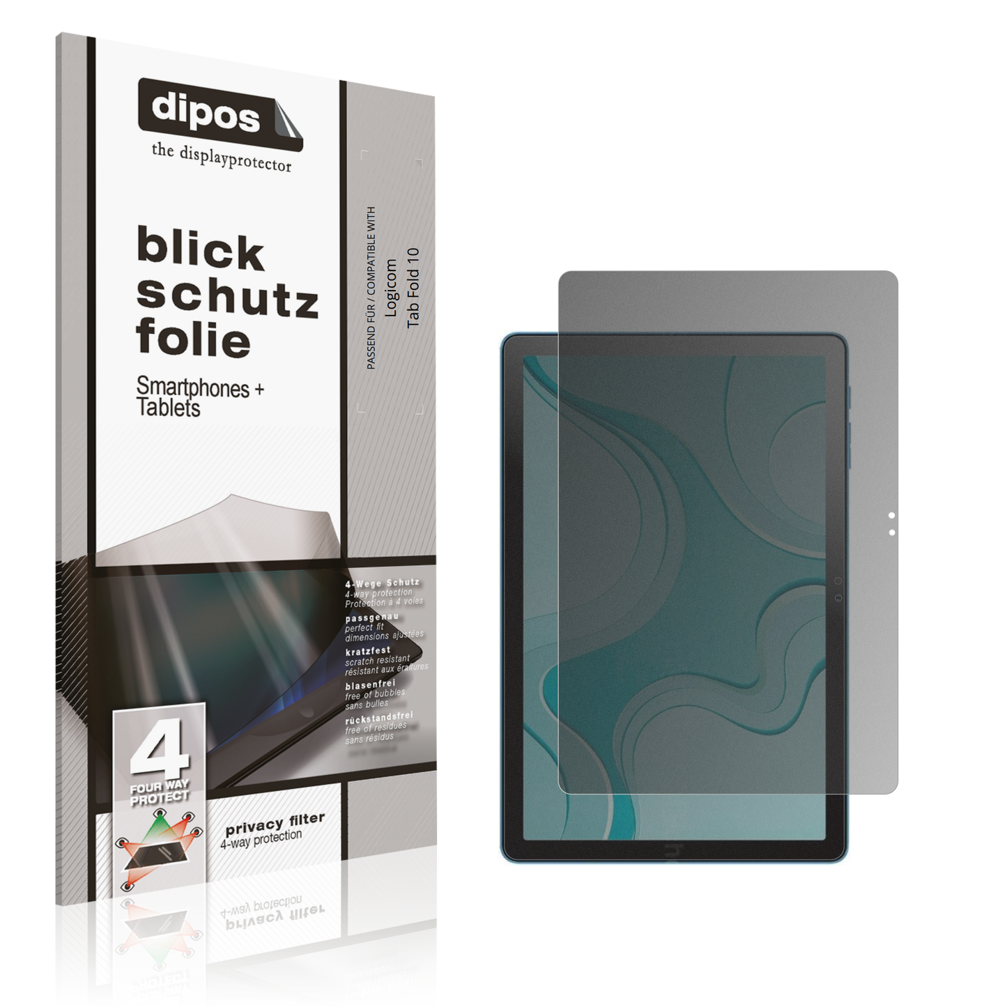 Blickschutzfolie von dipos passend für Logicom Tab Fold 10, präziser Zuschnitt und blasenfrei montiert