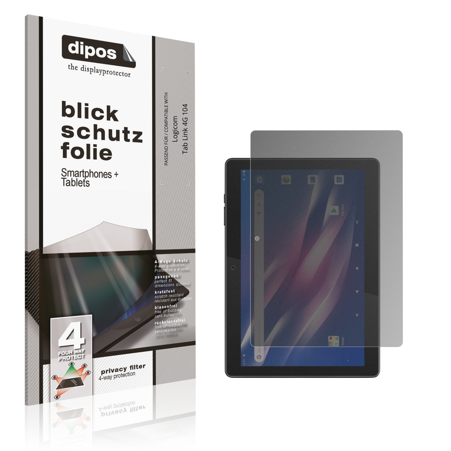 Blickschutzfolie von dipos passend für Logicom Tab Link 4G 104, präziser Zuschnitt und blasenfrei montiert