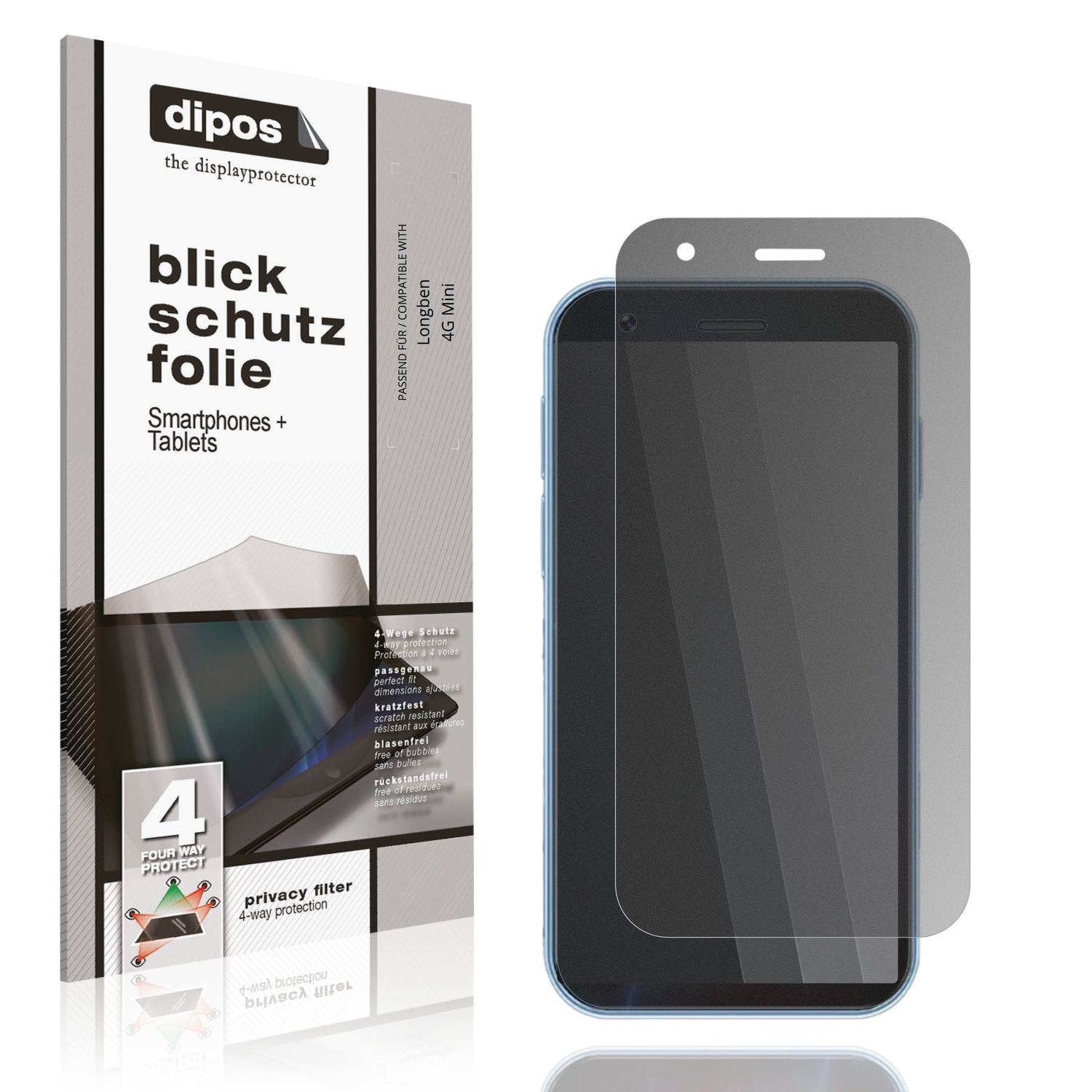 Blickschutzfolie von dipos passend für Longben 4G Mini, präziser Zuschnitt und blasenfrei montiert