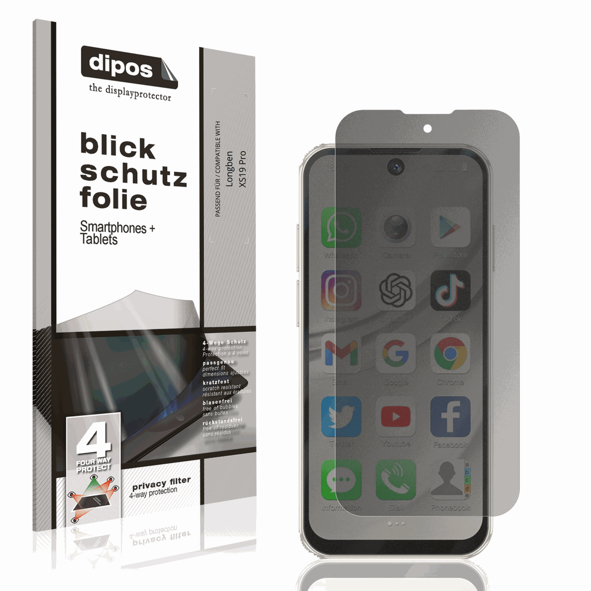 Blickschutzfolie von dipos passend für Longben XS19 Pro, präziser Zuschnitt und blasenfrei montiert