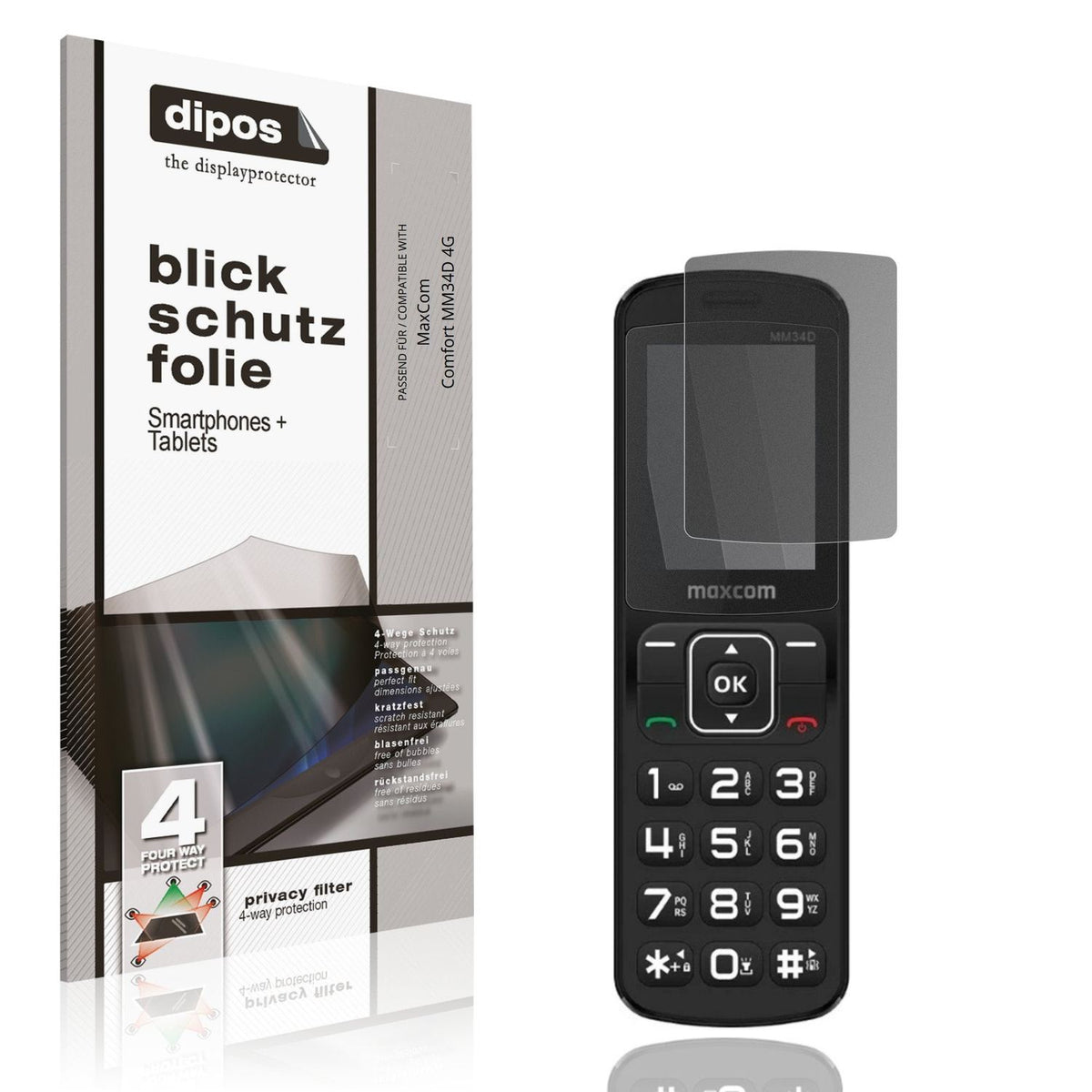 Blickschutzfolie von dipos passend für MaxCom Comfort MM34D 4G, präziser Zuschnitt und blasenfrei montiert