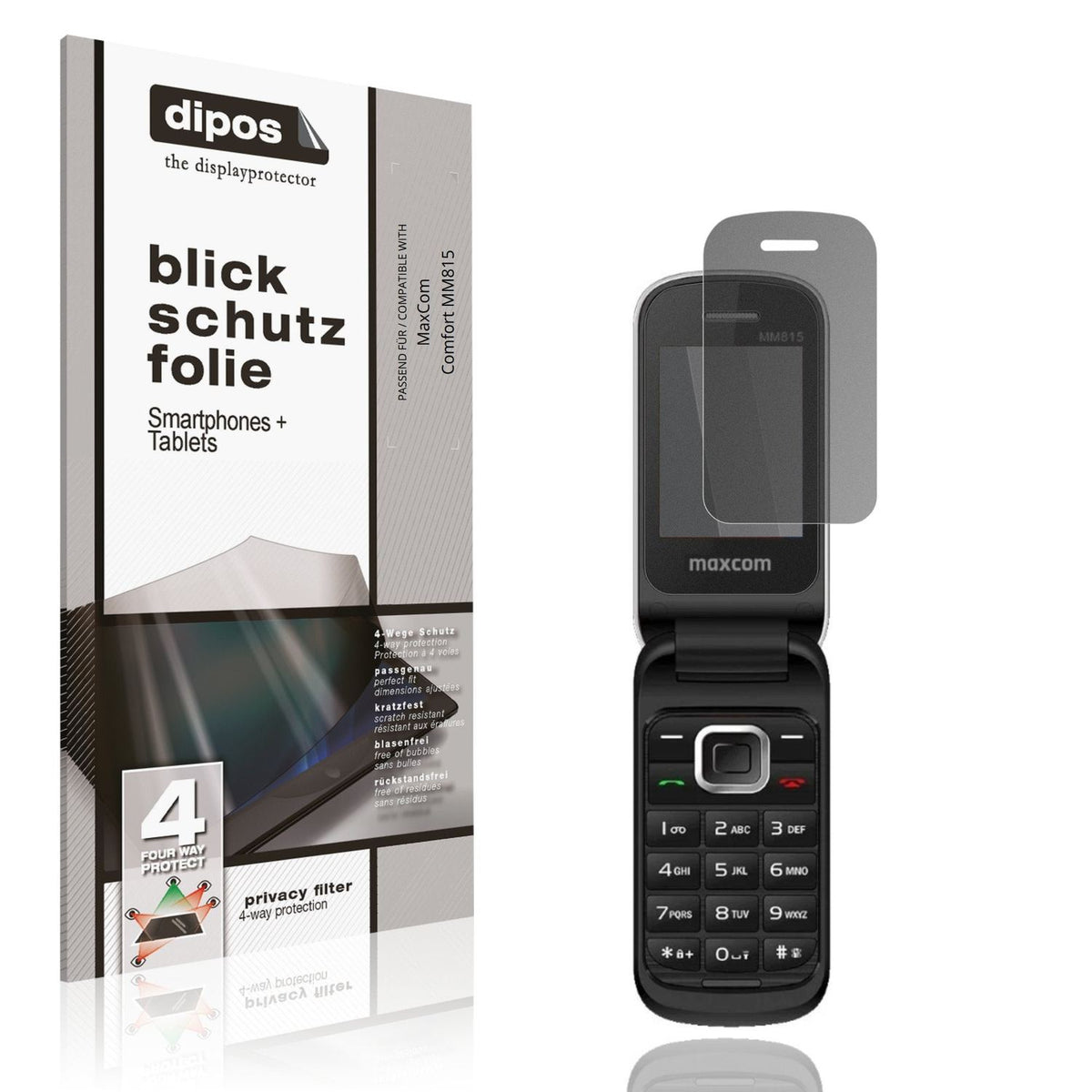 Blickschutzfolie von dipos passend für MaxCom Comfort MM815, präziser Zuschnitt und blasenfrei montiert