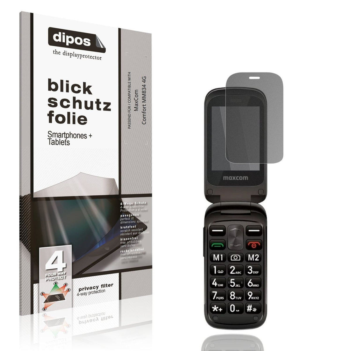 Blickschutzfolie von dipos passend für MaxCom Comfort MM834 4G, präziser Zuschnitt und blasenfrei montiert
