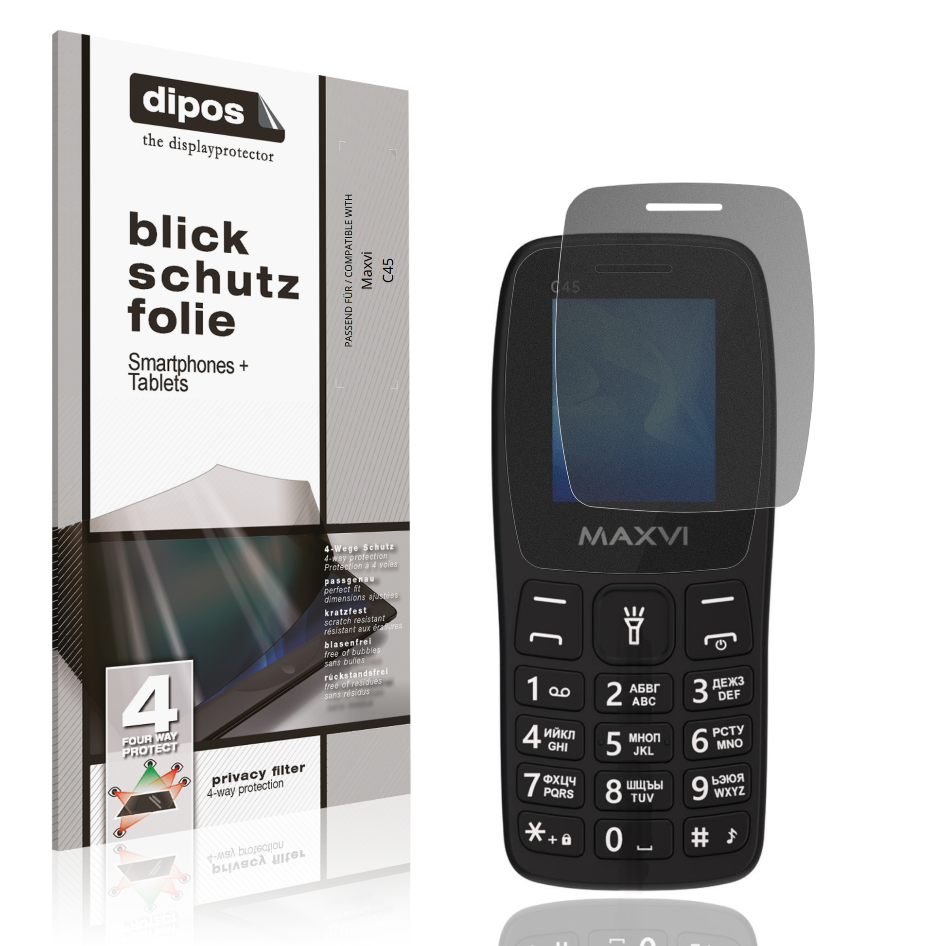 Blickschutzfolie von dipos passend für Maxvi C45, präziser Zuschnitt und blasenfrei montiert