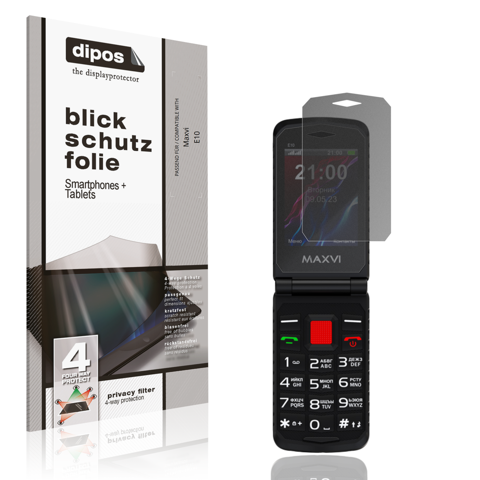 Blickschutzfolie von dipos passend für Maxvi E10, präziser Zuschnitt und blasenfrei montiert