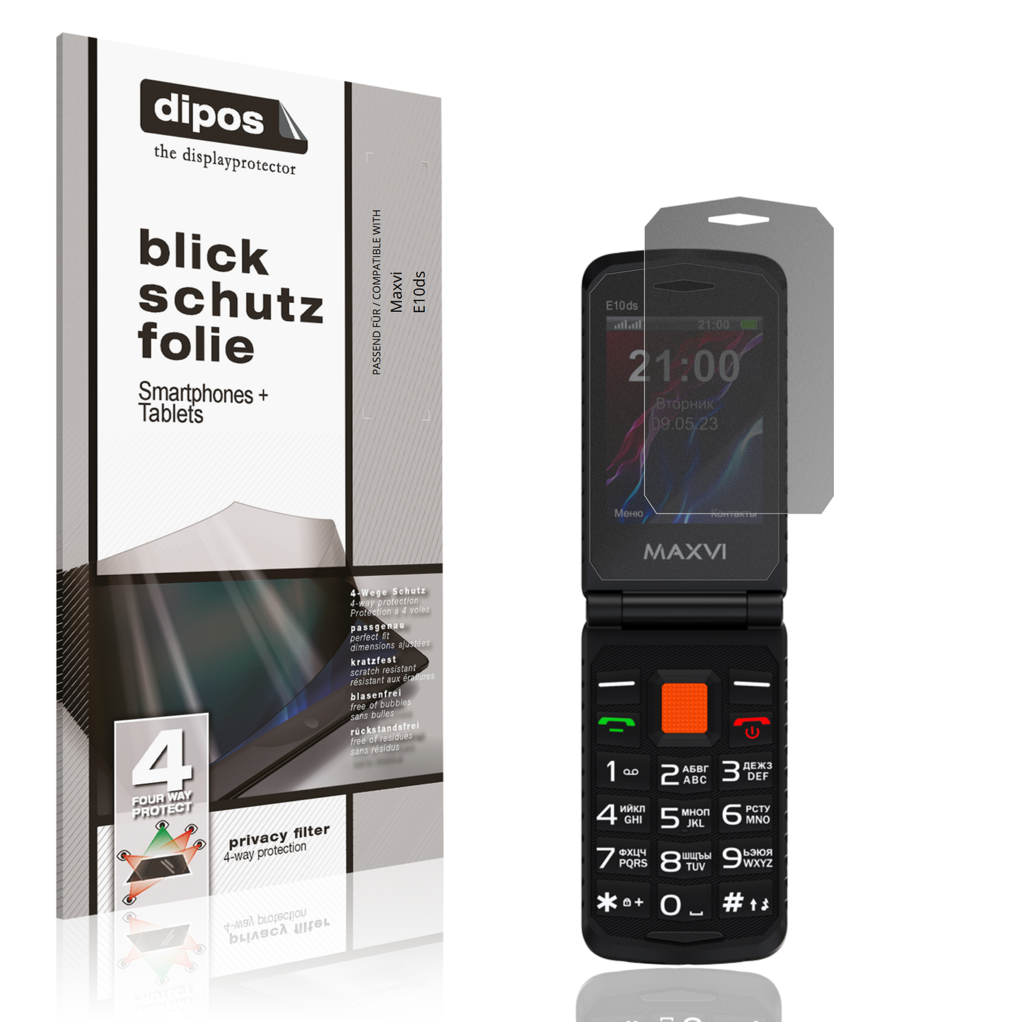 Blickschutzfolie von dipos passend für Maxvi E10ds, präziser Zuschnitt und blasenfrei montiert