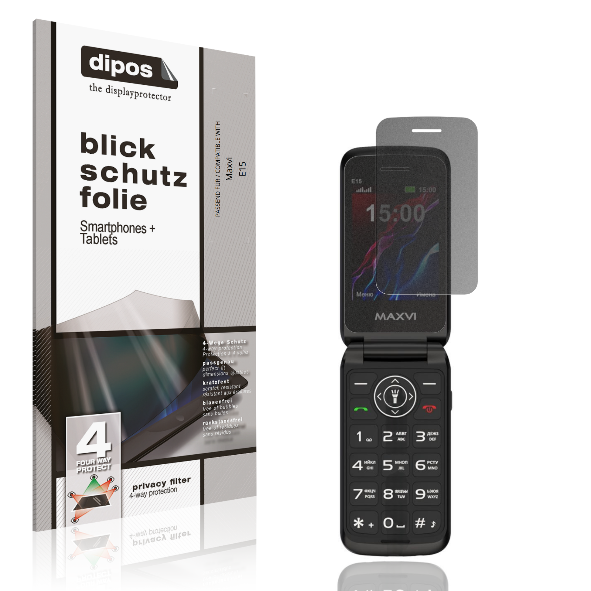 Blickschutzfolie von dipos passend für Maxvi E15, präziser Zuschnitt und blasenfrei montiert