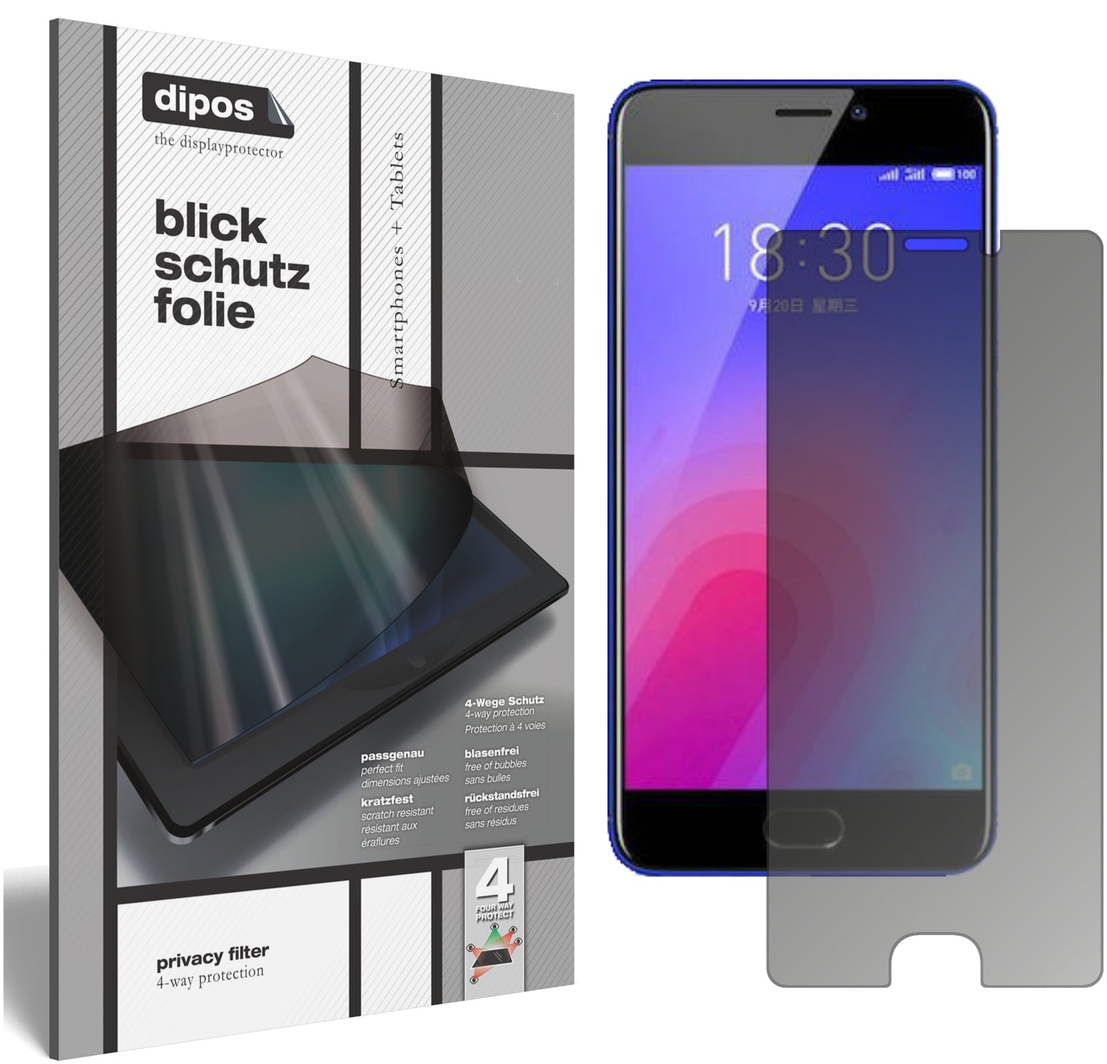Blickschutzfolie von dipos passend für Meizu M6, präziser Zuschnitt und blasenfrei montiert