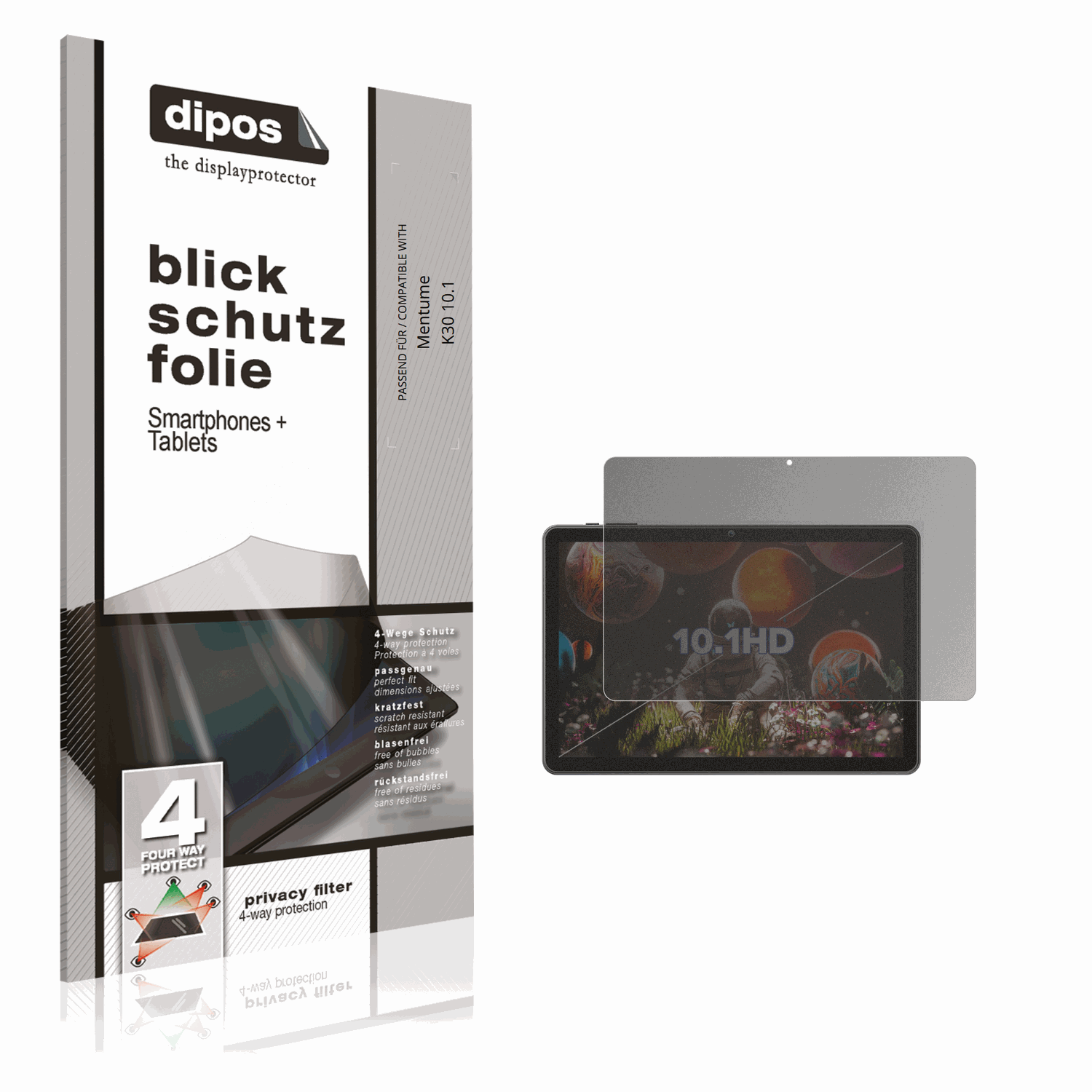 Blickschutzfolie von dipos passend für Mentume K30 10.1, präziser Zuschnitt und blasenfrei montiert