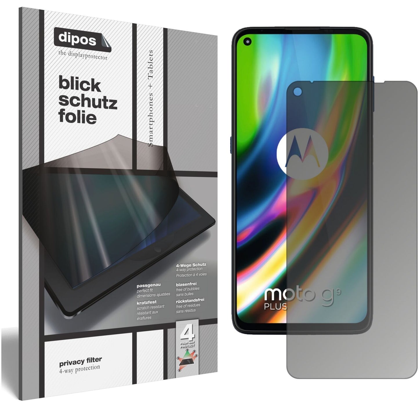 Blickschutzfolie von dipos passend für Motorola Moto G9 Plus, präziser Zuschnitt und blasenfrei montiert