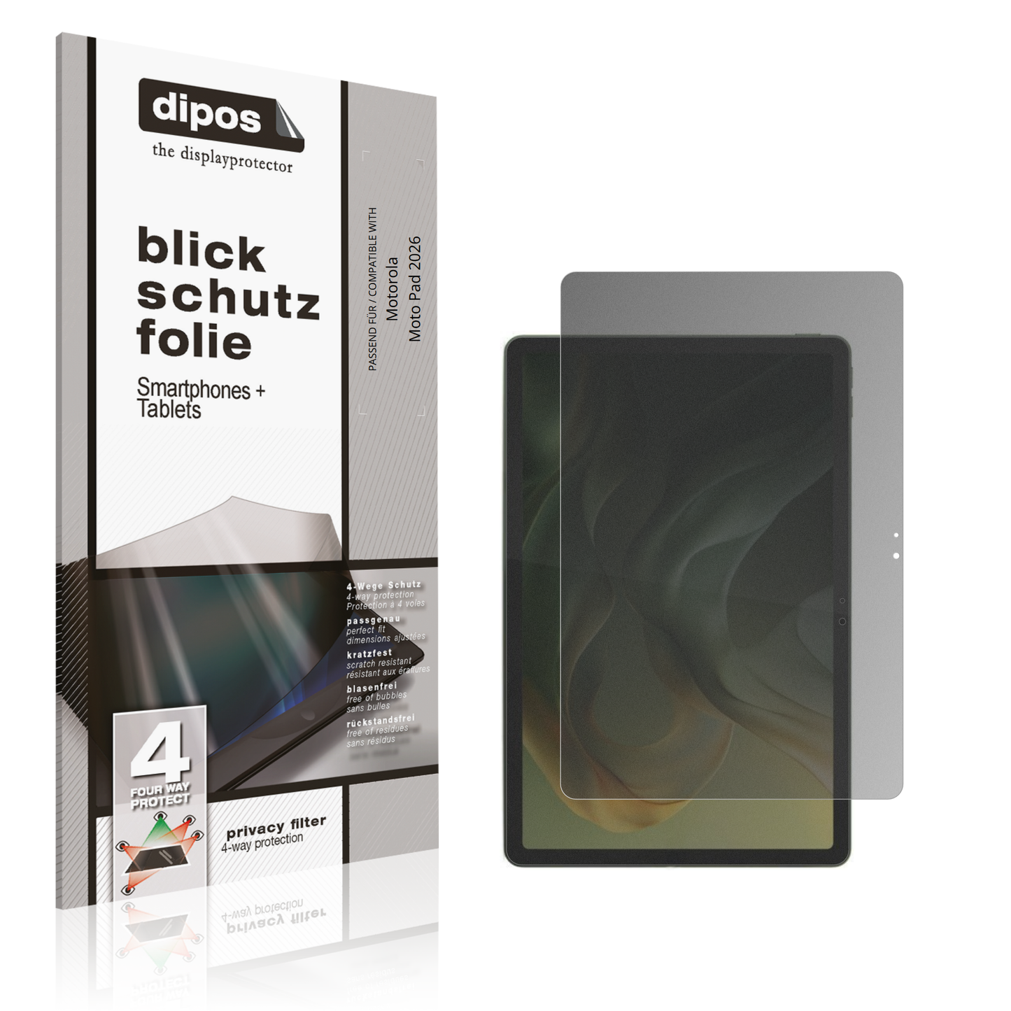 Blickschutzfolie von dipos passend für Motorola Moto Pad 2026, präziser Zuschnitt und blasenfrei montiert