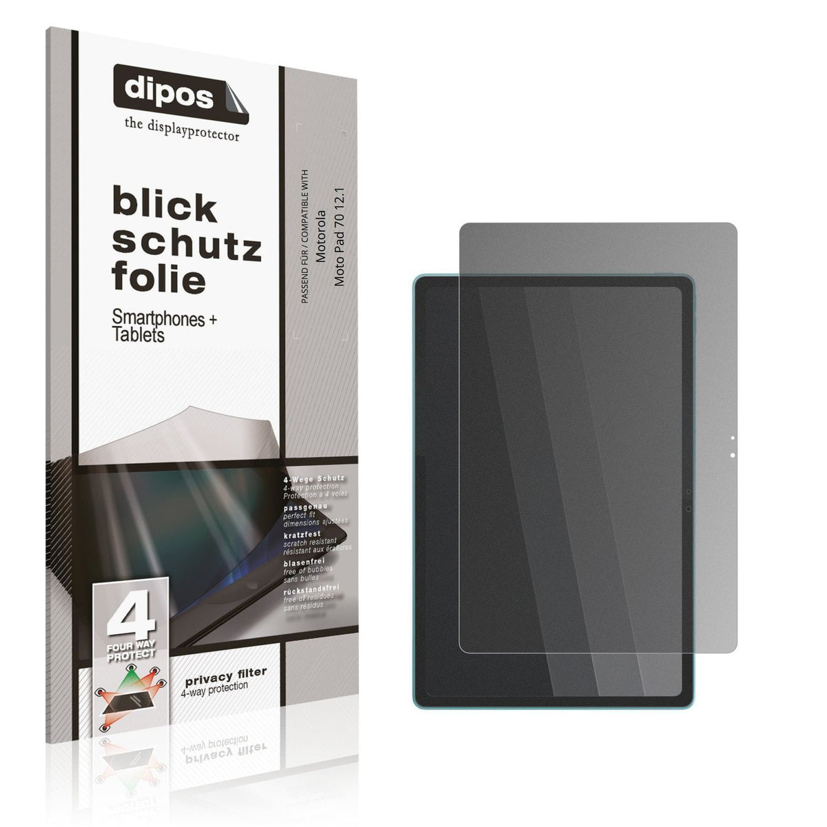 Blickschutzfolie von dipos passend für Motorola Moto Pad 70 12.1, präziser Zuschnitt und blasenfrei montiert