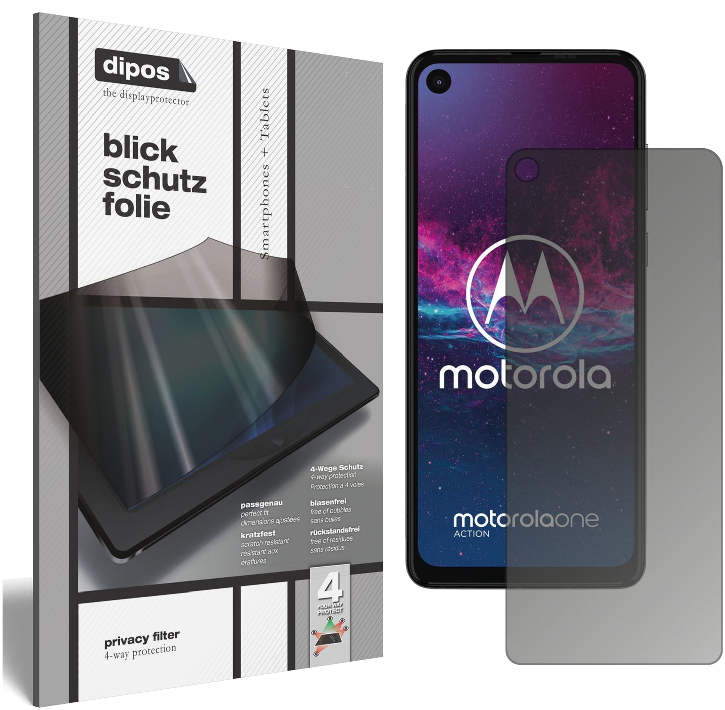 Blickschutzfolie von dipos passend für Motorola One Action, präziser Zuschnitt und blasenfrei montiert