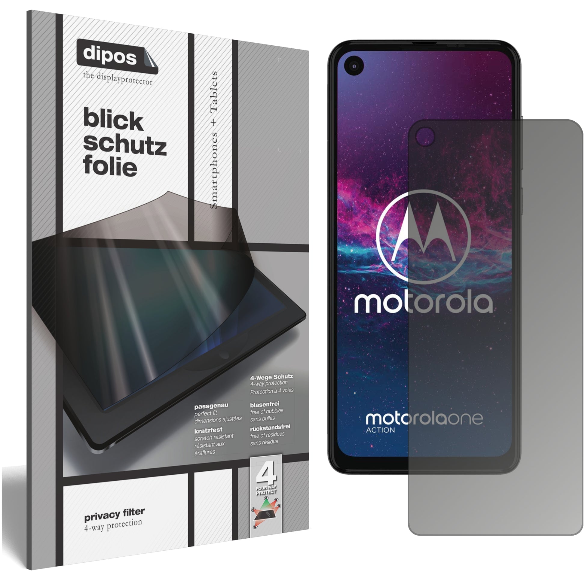 Blickschutzfolie von dipos passend für Motorola One Action, präziser Zuschnitt und blasenfrei montiert