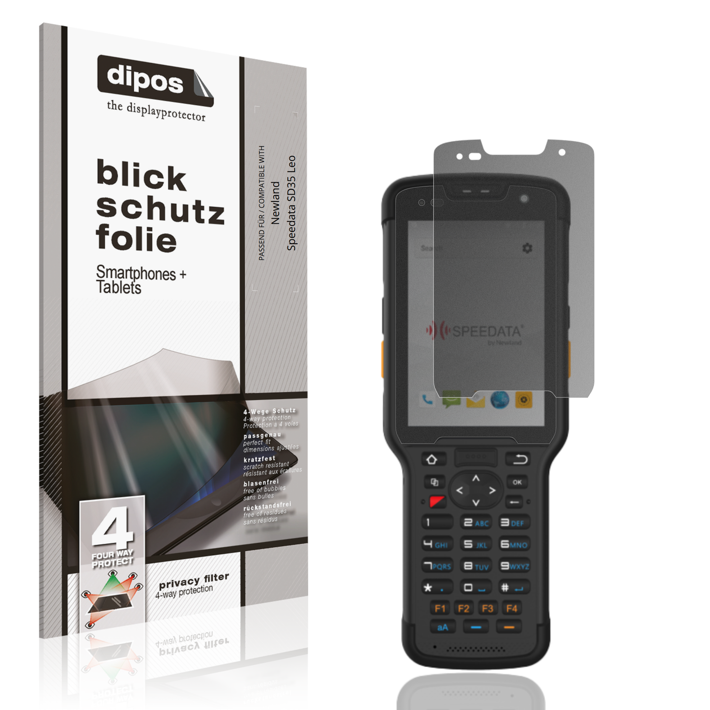 Blickschutzfolie von dipos passend für Newland Speedata SD35 Leo, präziser Zuschnitt und blasenfrei montiert