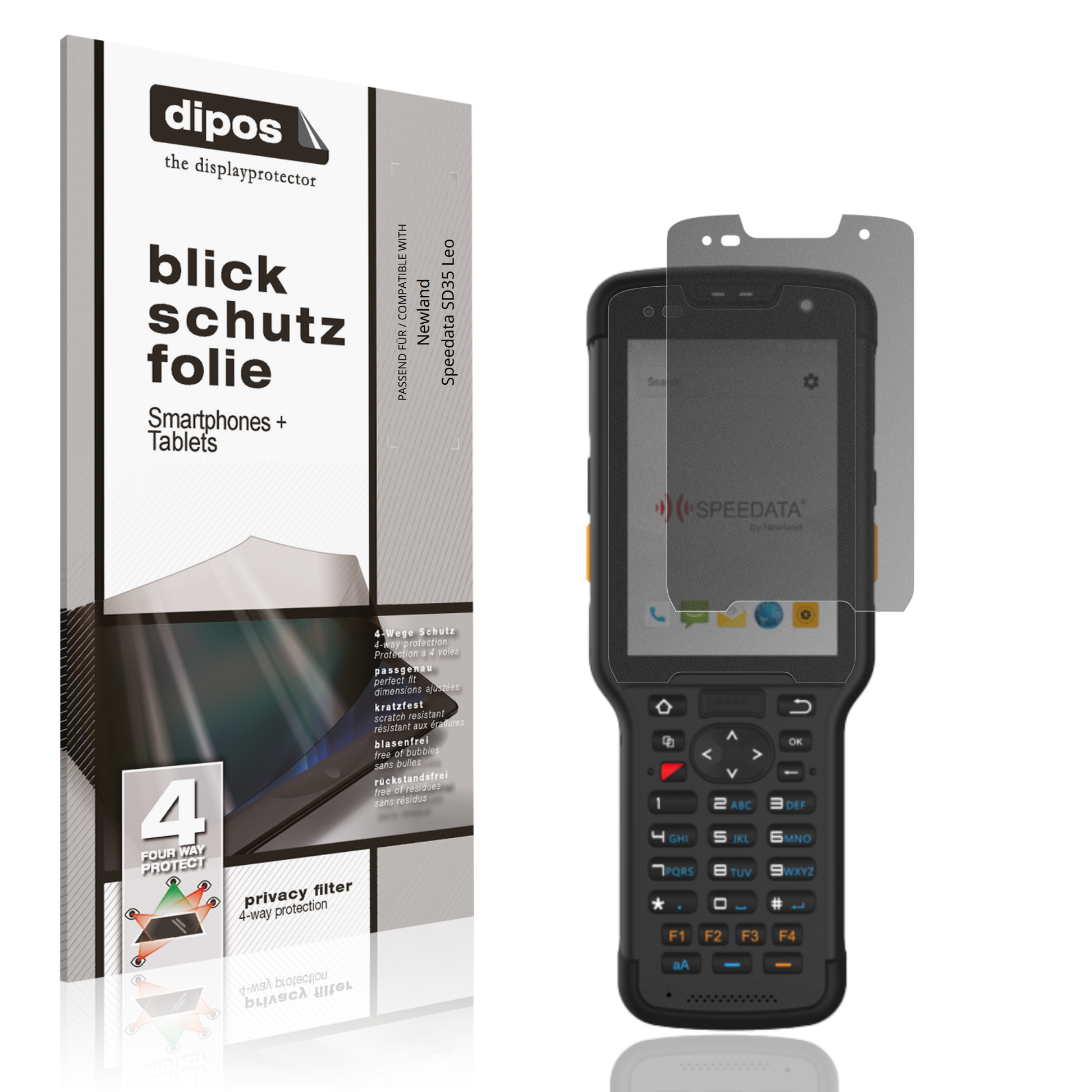 Blickschutzfolie von dipos passend für Newland Speedata SD35 Leo, präziser Zuschnitt und blasenfrei montiert