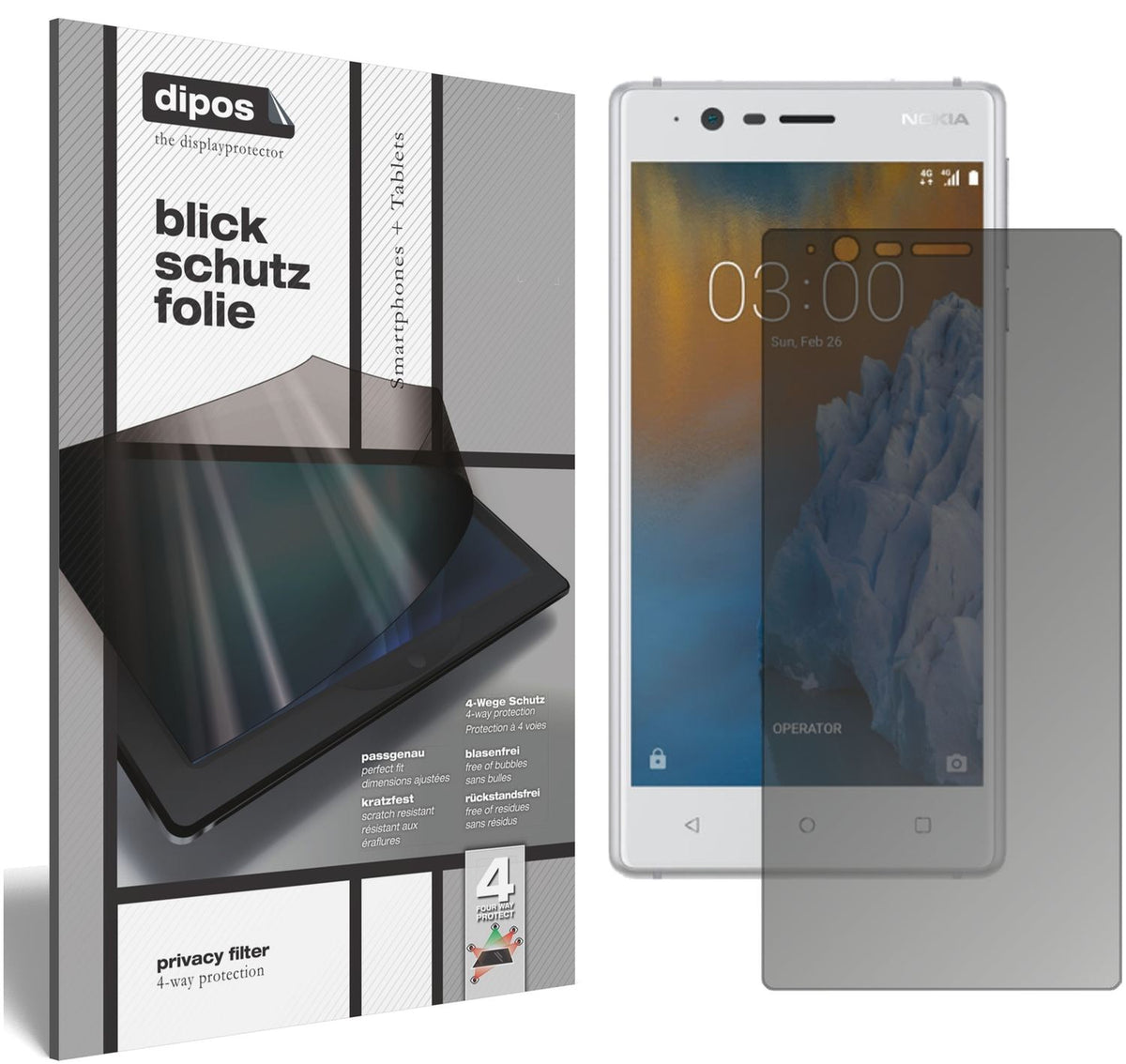 Blickschutzfolie von dipos passend für Nokia 3, präziser Zuschnitt und blasenfrei montiert