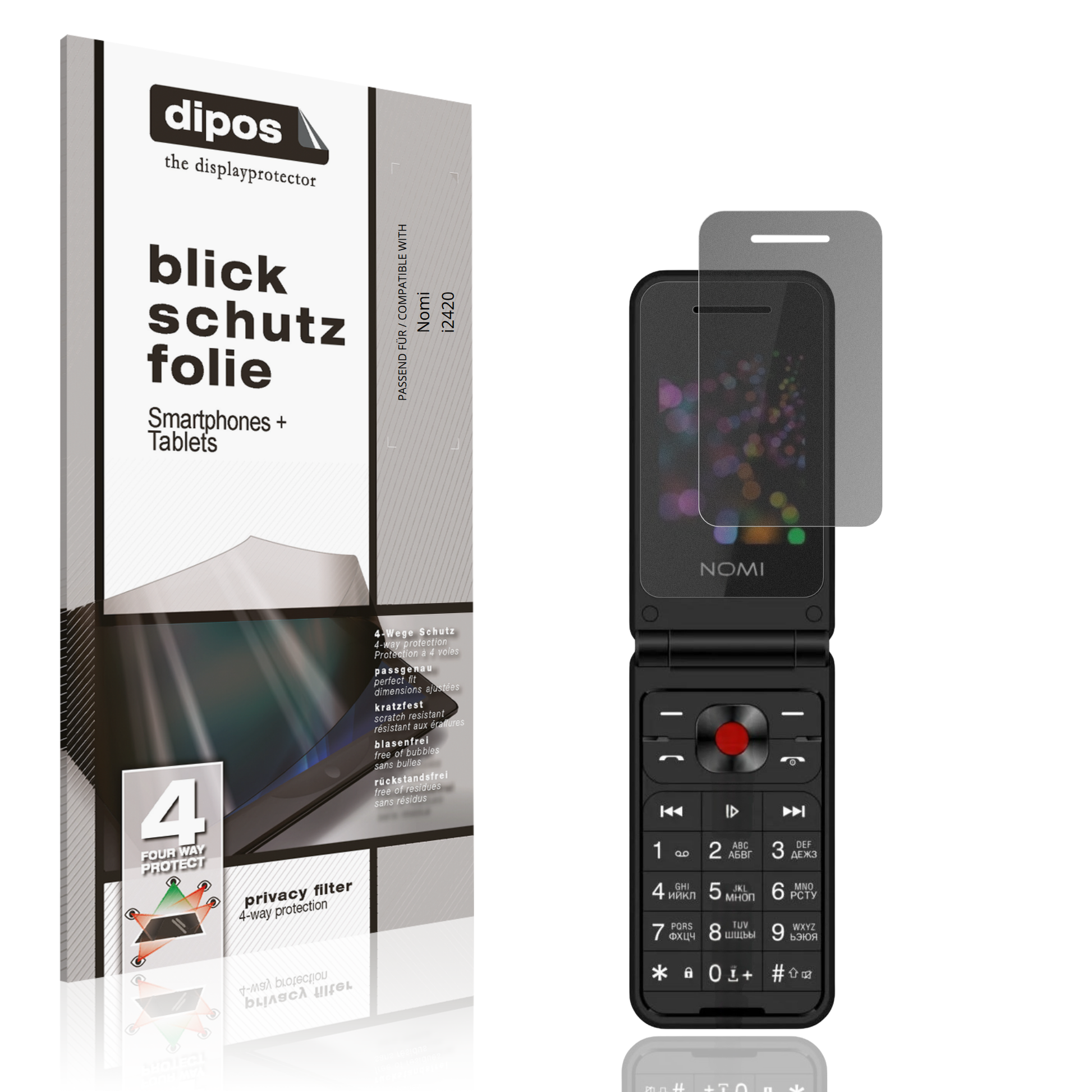 Blickschutzfolie von dipos passend für Nomi i2420, präziser Zuschnitt und blasenfrei montiert