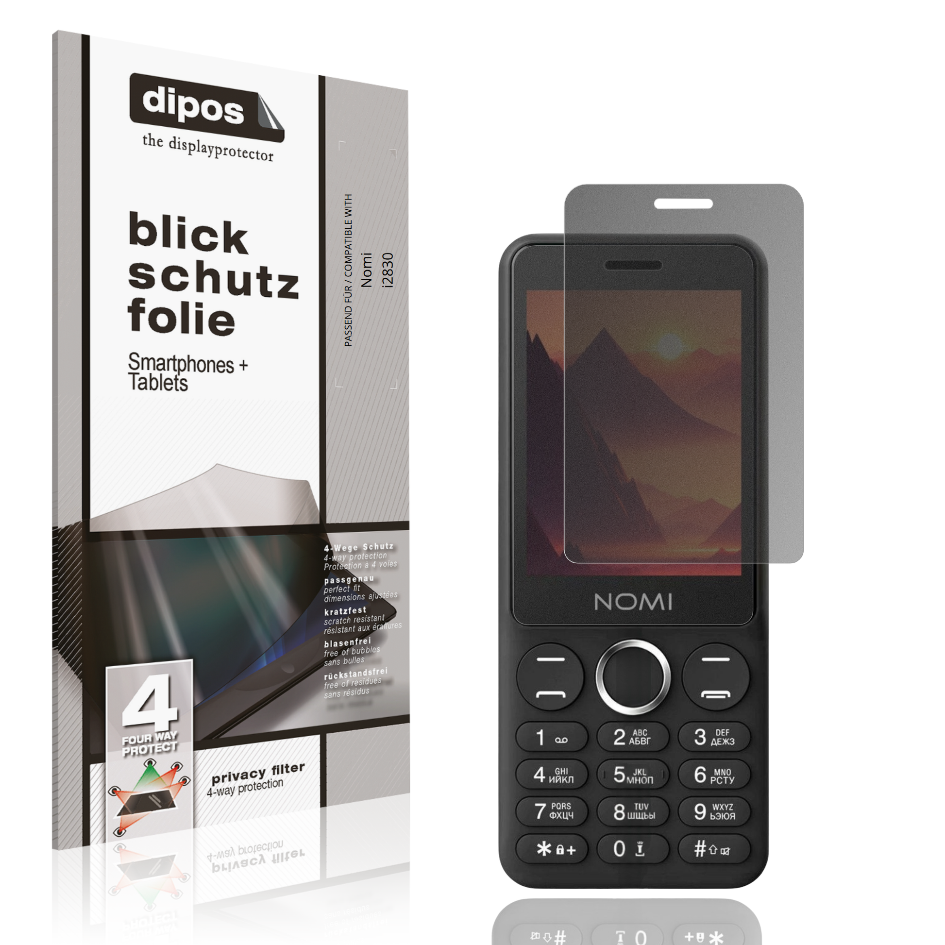 Blickschutzfolie von dipos passend für Nomi i2830, präziser Zuschnitt und blasenfrei montiert