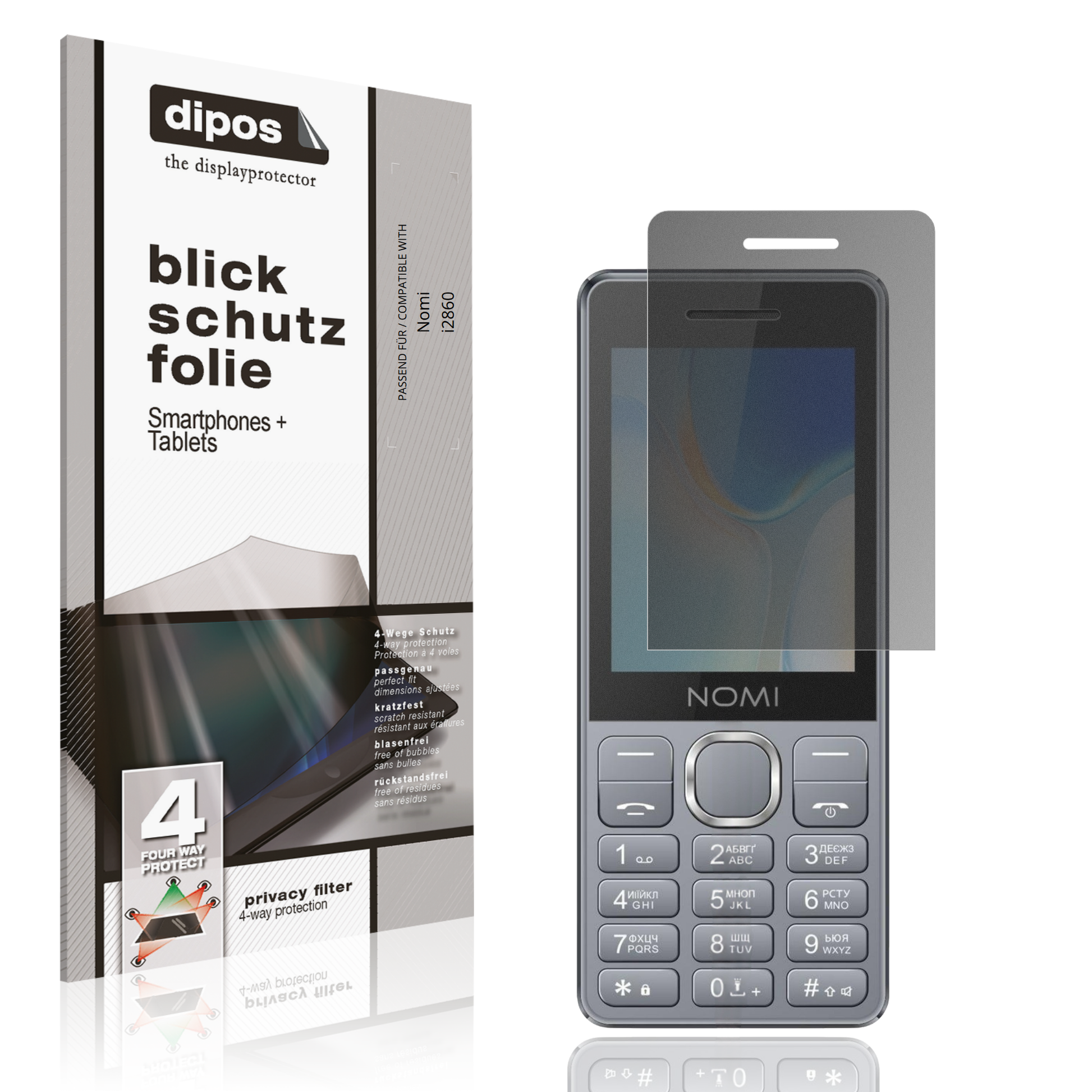 Blickschutzfolie von dipos passend für Nomi i2860, präziser Zuschnitt und blasenfrei montiert
