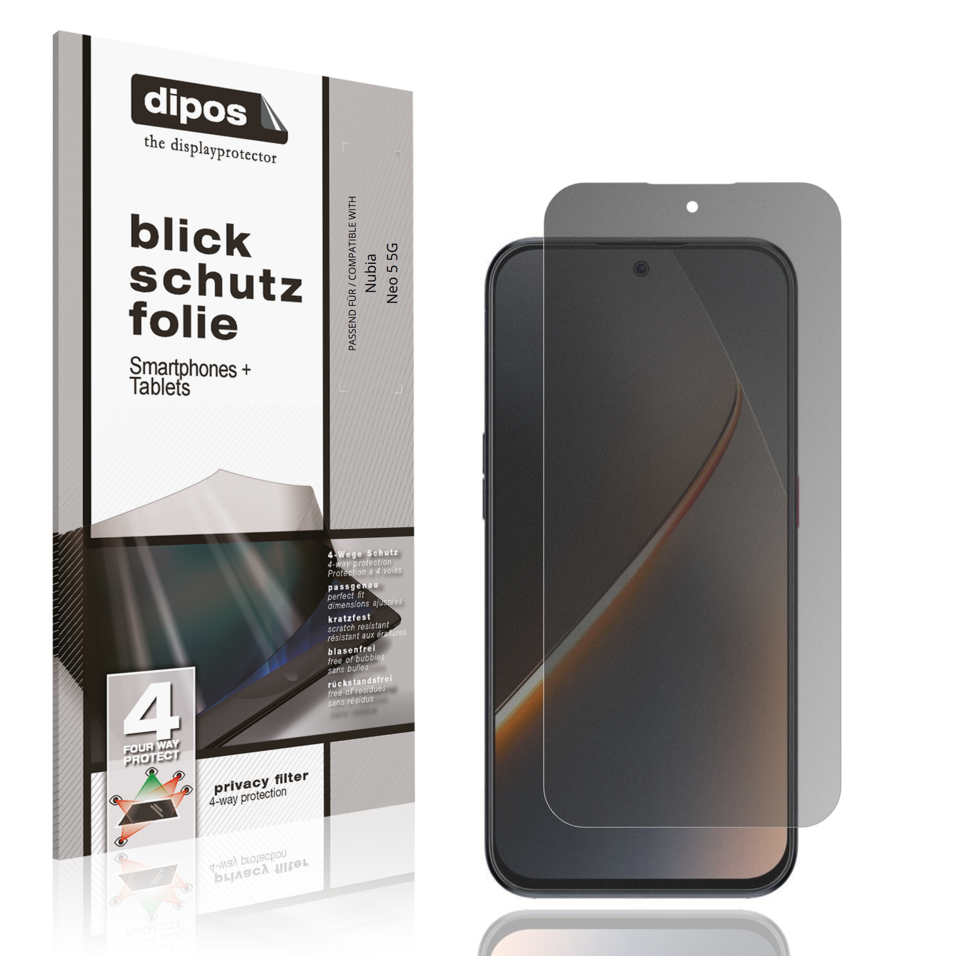 Blickschutzfolie von dipos passend für Nubia Neo 5 5G, präziser Zuschnitt und blasenfrei montiert