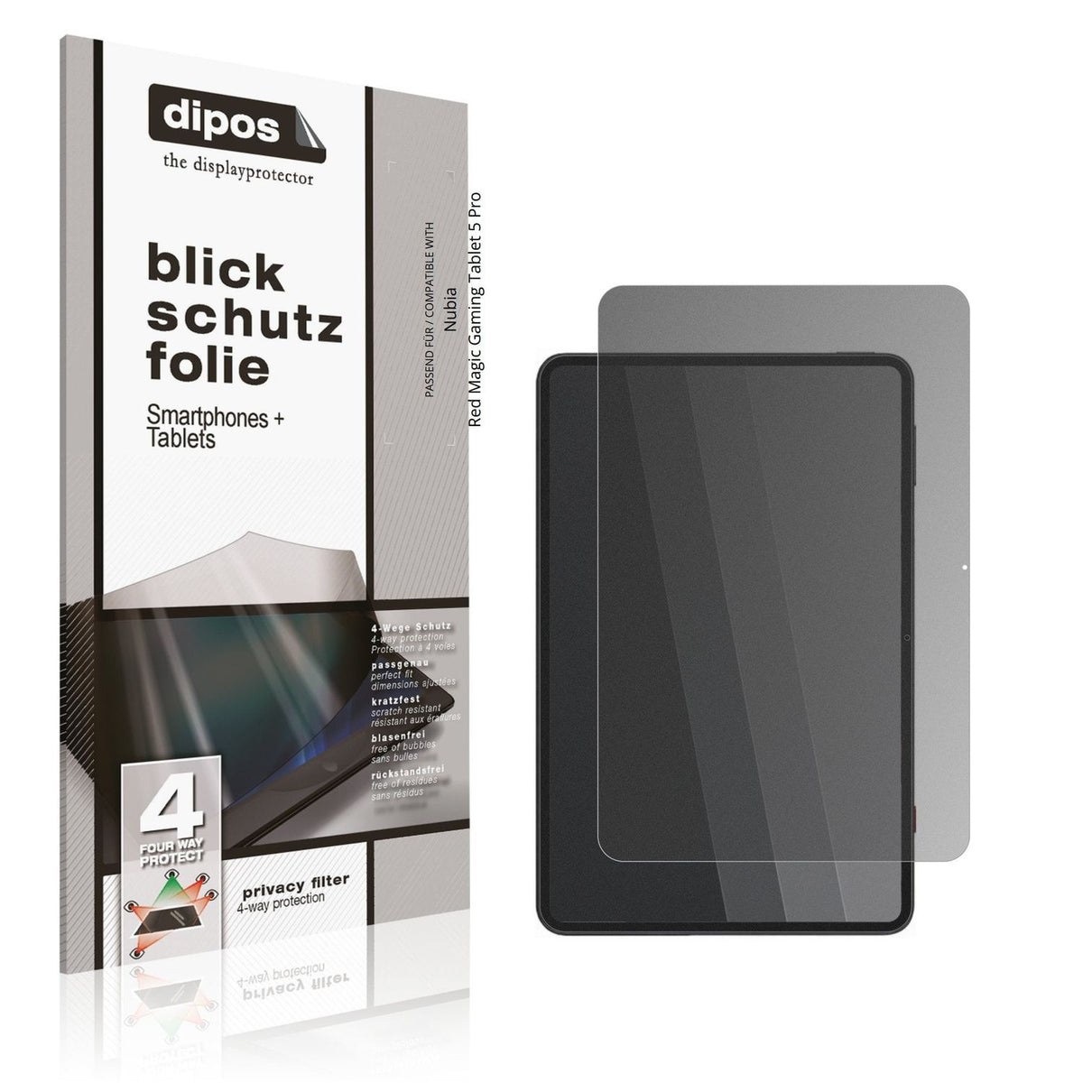 Blickschutzfolie von dipos passend für Nubia Red Magic Gaming Tablet 5 Pro, präziser Zuschnitt und blasenfrei montiert