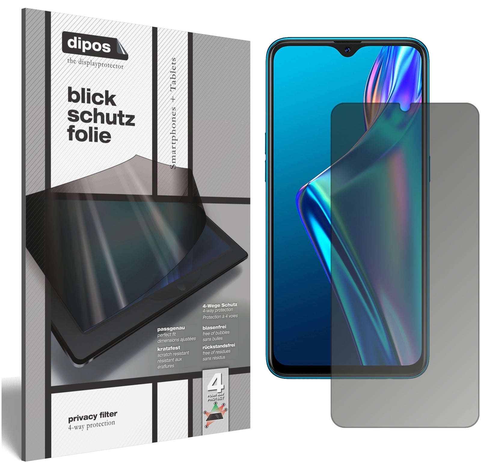 Blickschutzfolie von dipos passend für Oppo A12, präziser Zuschnitt und blasenfrei montiert