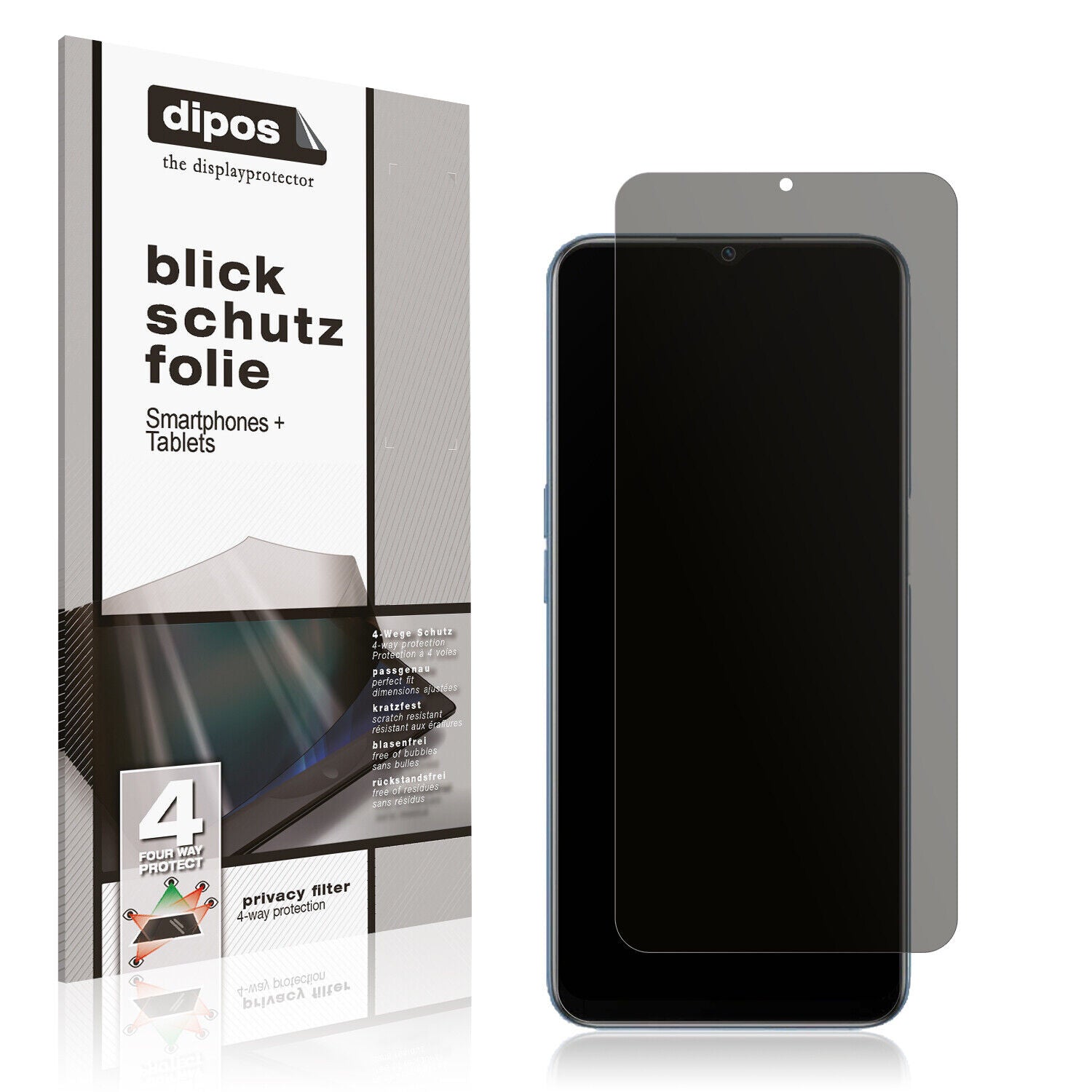 Blickschutzfolie von dipos passend für OPPO A16, präziser Zuschnitt und blasenfrei montiert