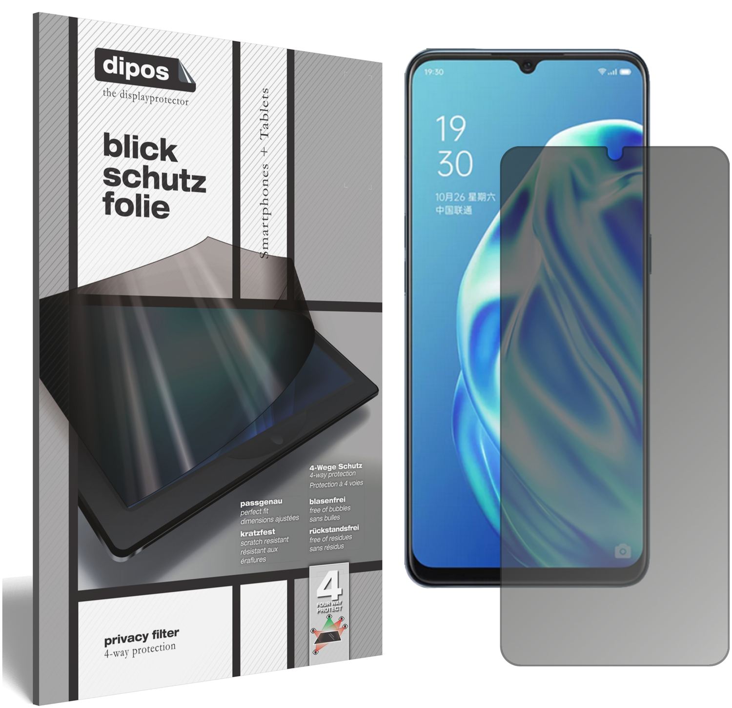 Blickschutzfolie von dipos passend für Oppo A91, präziser Zuschnitt und blasenfrei montiert