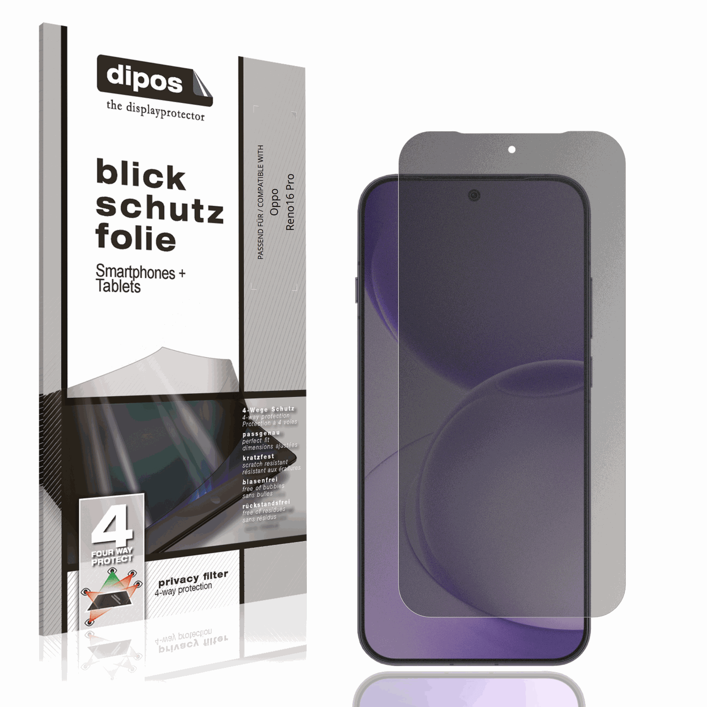 Blickschutzfolie von dipos passend für Oppo Reno16 Pro, präziser Zuschnitt und blasenfrei montiert