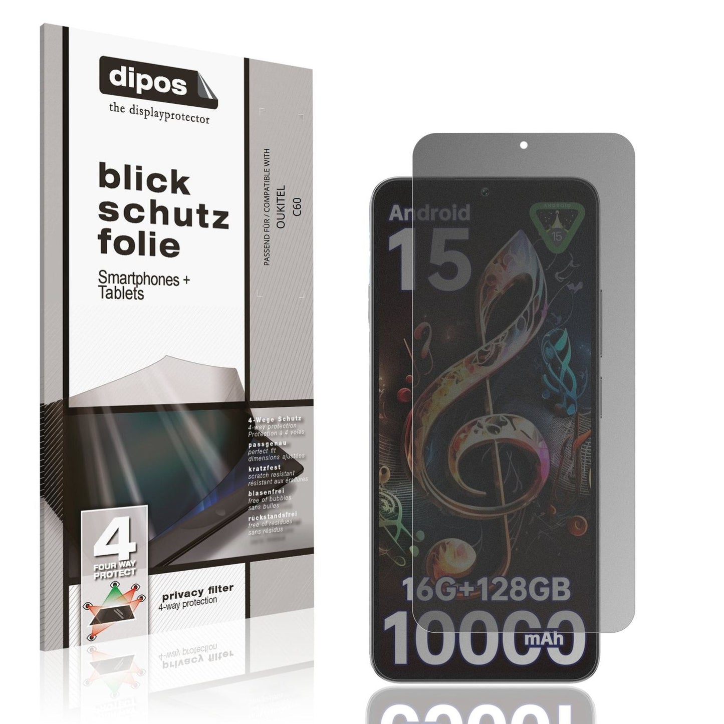 Blickschutzfolie von dipos passend für OUKITEL C60, präziser Zuschnitt und blasenfrei montiert