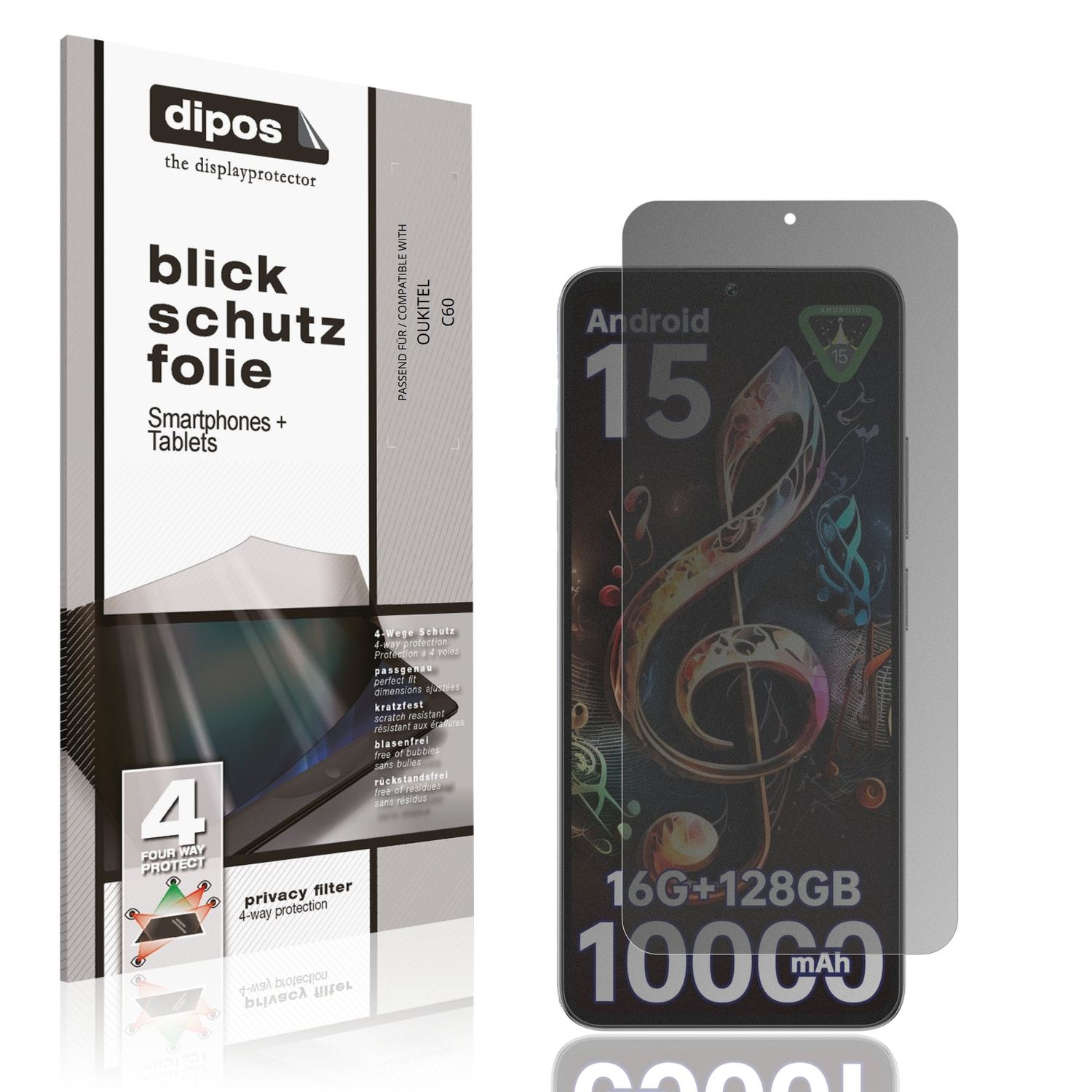 Blickschutzfolie von dipos passend für OUKITEL C60, präziser Zuschnitt und blasenfrei montiert