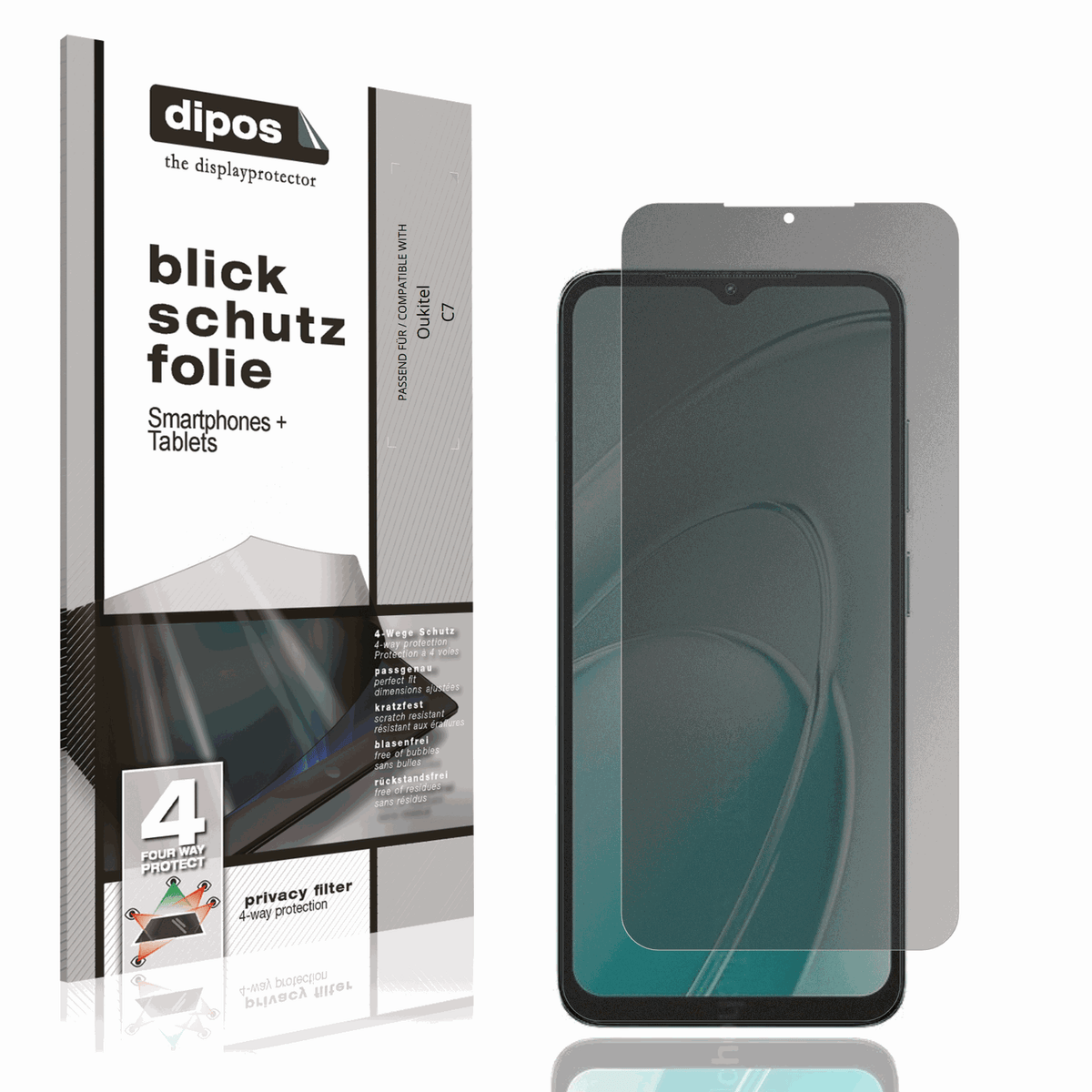 Blickschutzfolie von dipos passend f�r Oukitel C7, pr�ziser Zuschnitt und blasenfrei montiert