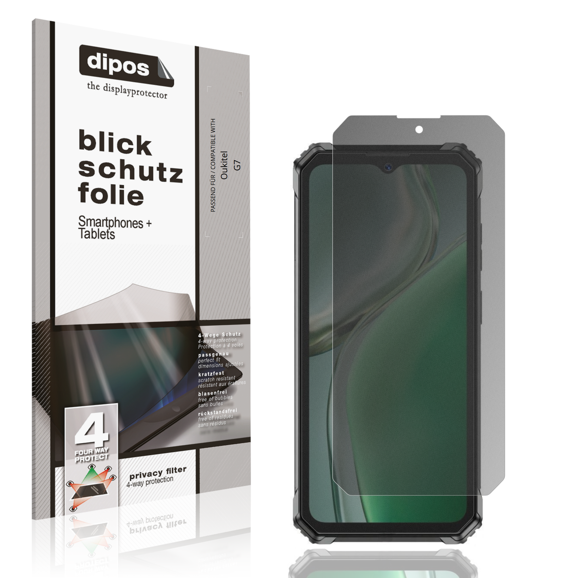 Blickschutzfolie von dipos passend für Oukitel G7, präziser Zuschnitt und blasenfrei montiert