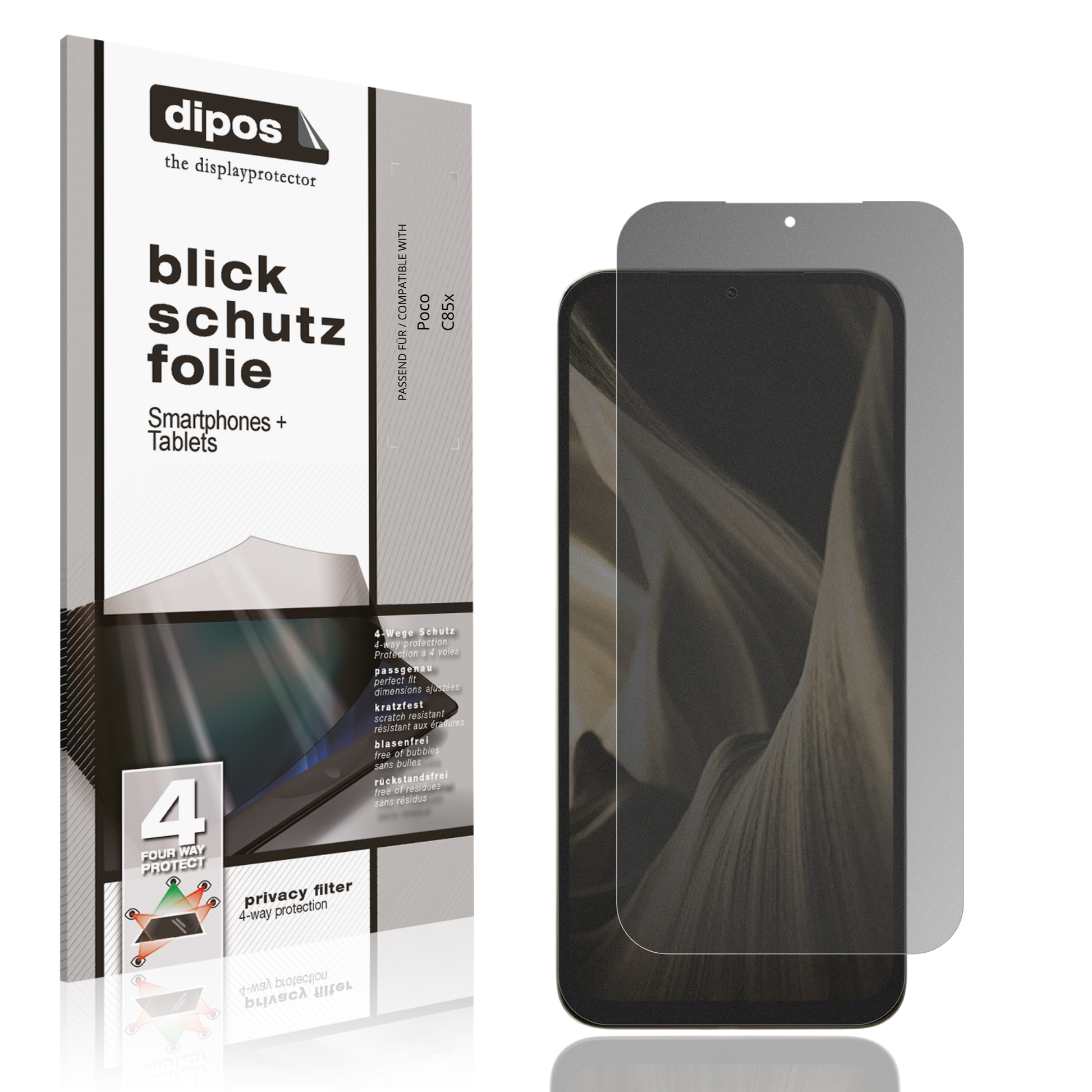 Blickschutzfolie von dipos passend für Poco C85x, präziser Zuschnitt und blasenfrei montiert