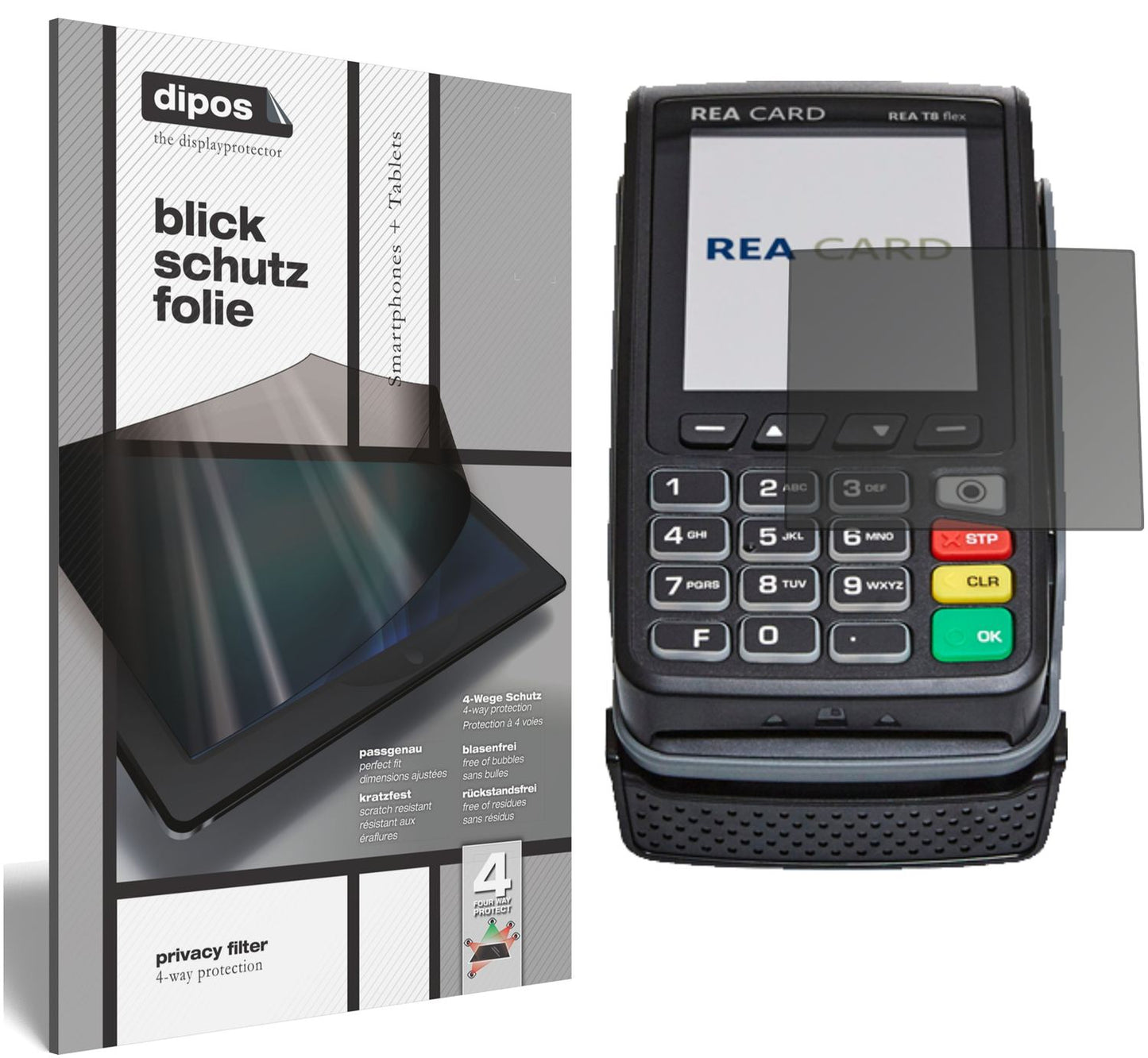 Blickschutzfolie von dipos passend für REA CARD T8 flex Terminal, präziser Zuschnitt und blasenfrei montiert