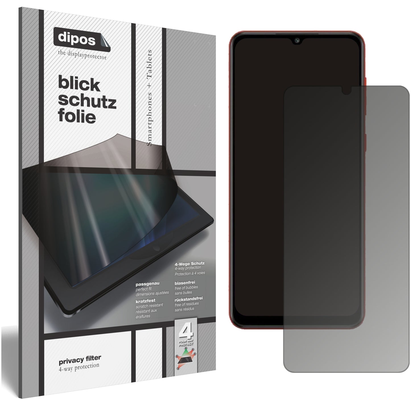 Blickschutzfolie von dipos passend für Samsung Galaxy A02s, präziser Zuschnitt und blasenfrei montiert