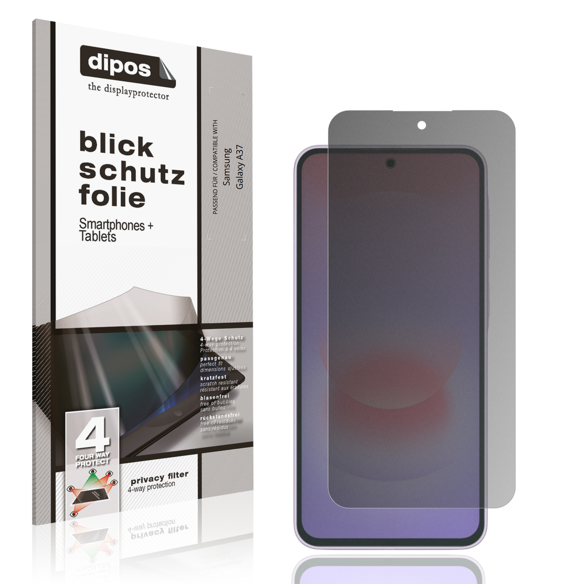 Blickschutzfolie von dipos passend für Samsung Galaxy A37, präziser Zuschnitt und blasenfrei montiert