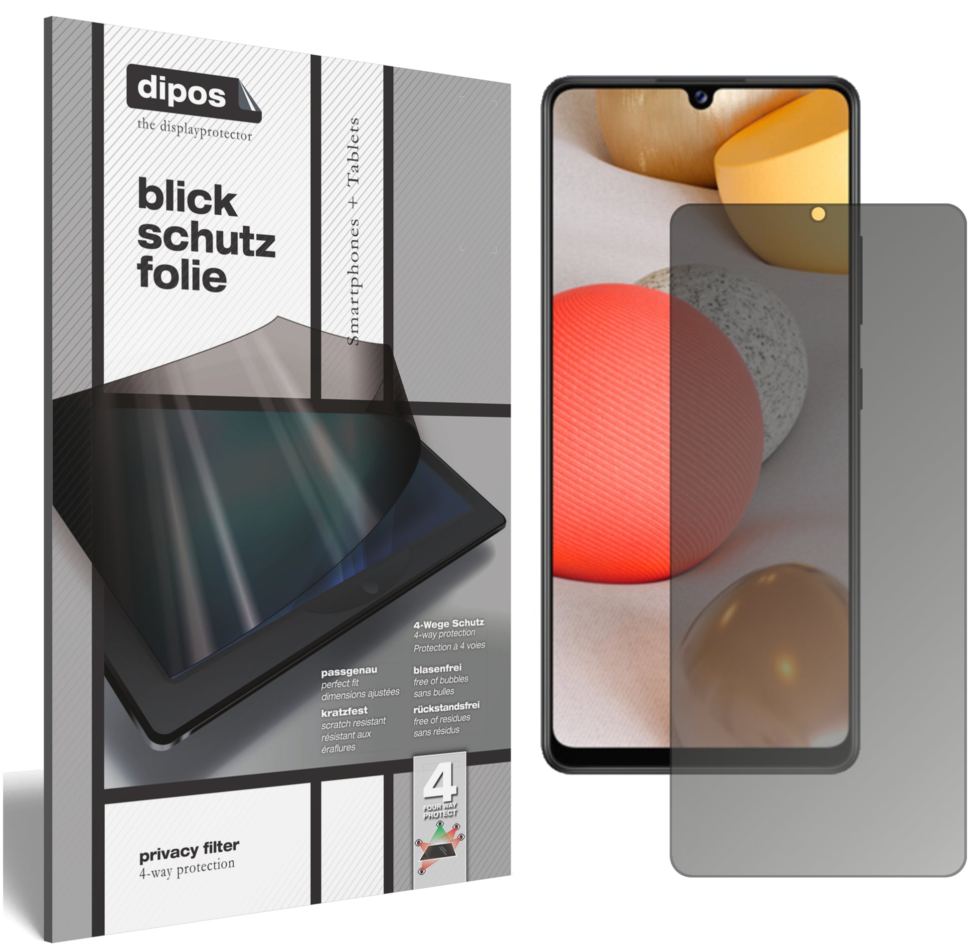 Blickschutzfolie von dipos passend für Samsung Galaxy A42 5G, präziser Zuschnitt und blasenfrei montiert