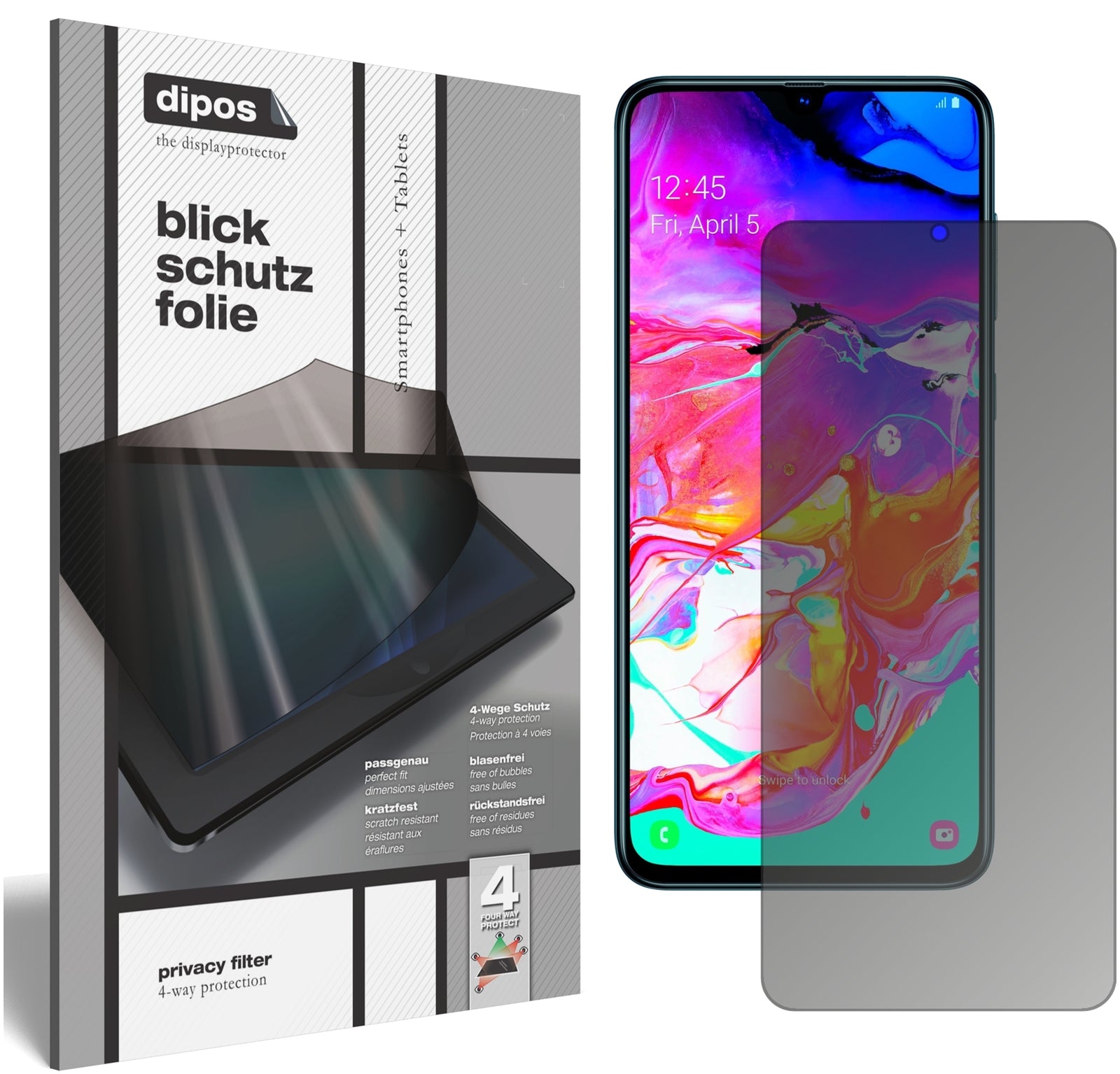Blickschutzfolie von dipos passend für Samsung Galaxy A70, präziser Zuschnitt und blasenfrei montiert