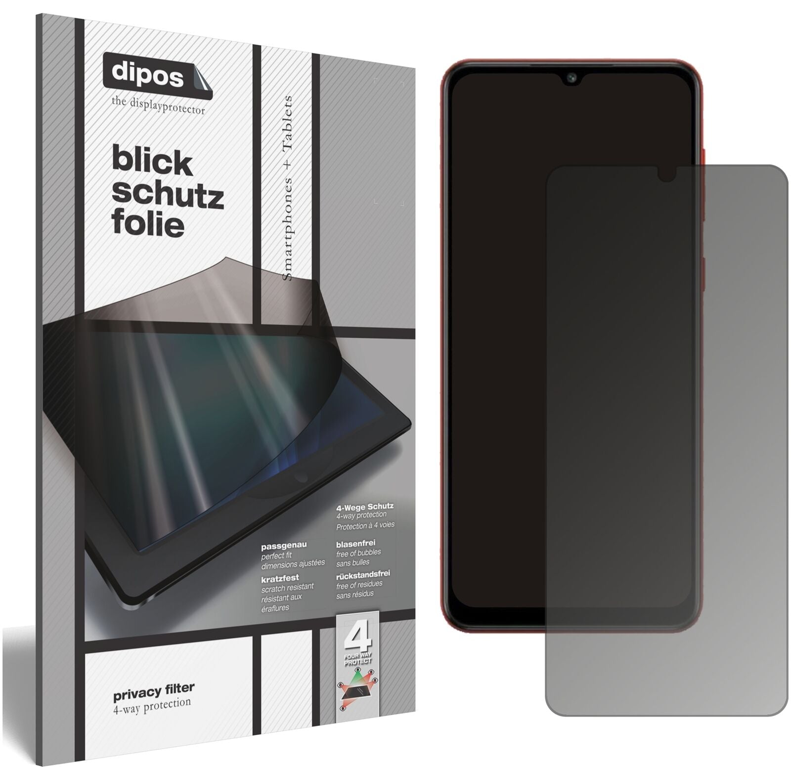 Blickschutzfolie von dipos passend für Samsung Galaxy F02s, präziser Zuschnitt und blasenfrei montiert