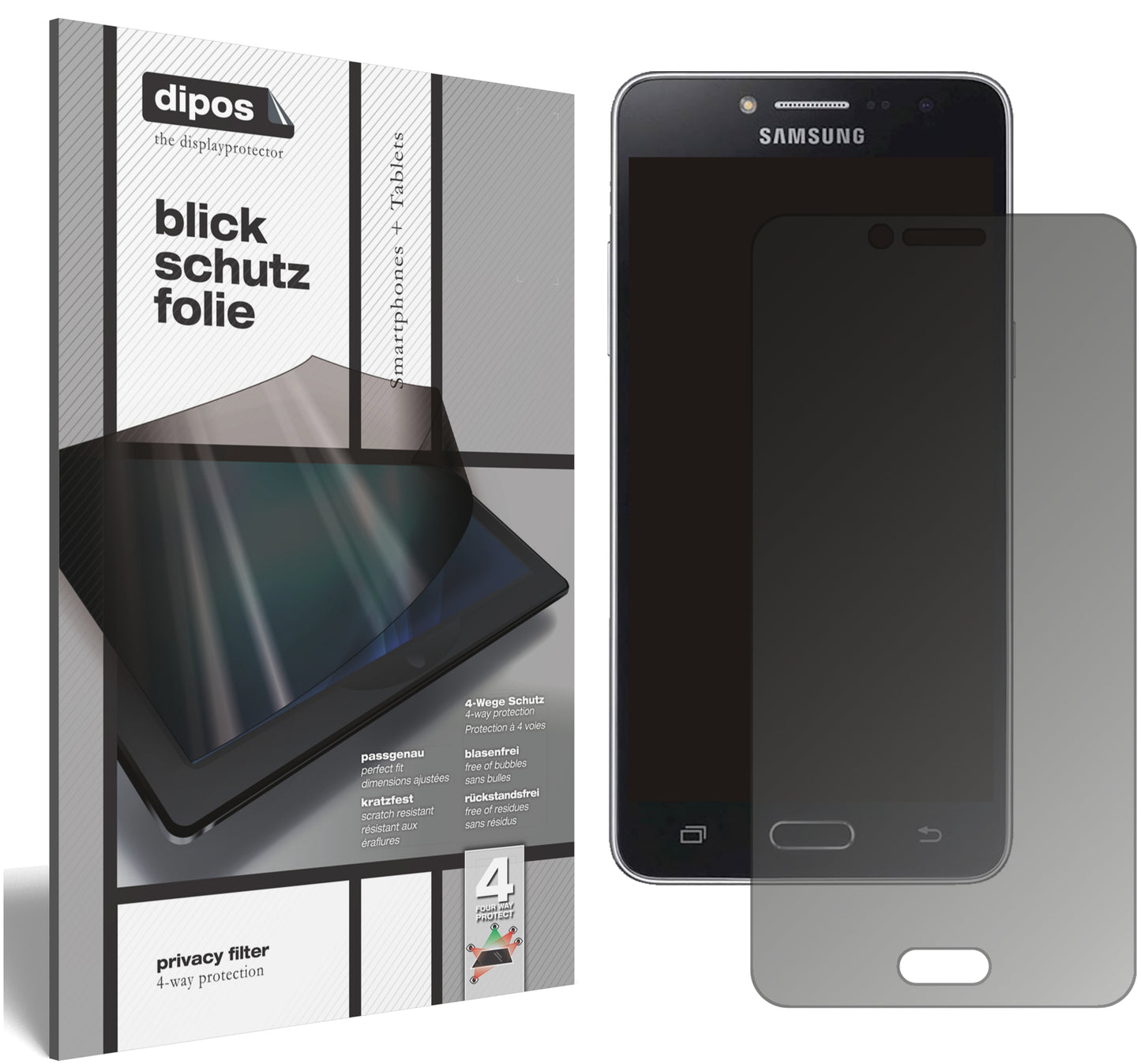 Blickschutzfolie von dipos passend für Samsung Galaxy J2 Prime, präziser Zuschnitt und blasenfrei montiert