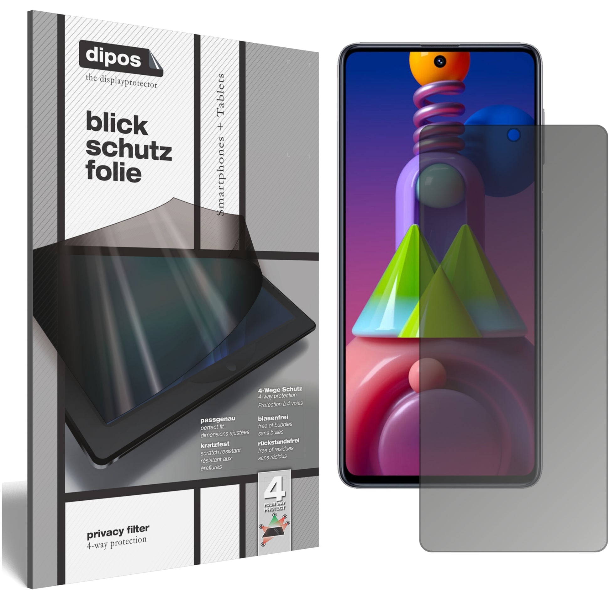 Blickschutzfolie von dipos passend für Samsung Galaxy M51, präziser Zuschnitt und blasenfrei montiert