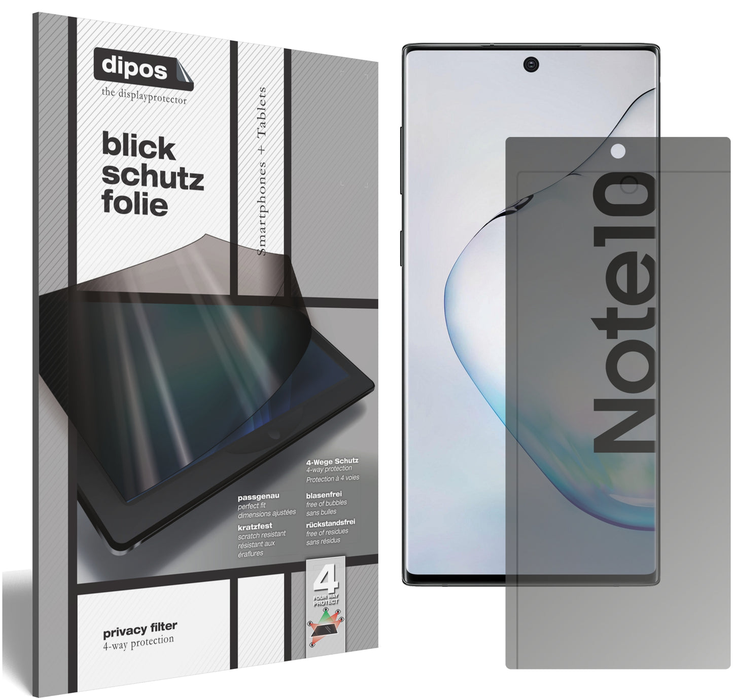 Blickschutzfolie von dipos passend für Samsung Galaxy Note 10 5G, präziser Zuschnitt und blasenfrei montiert
