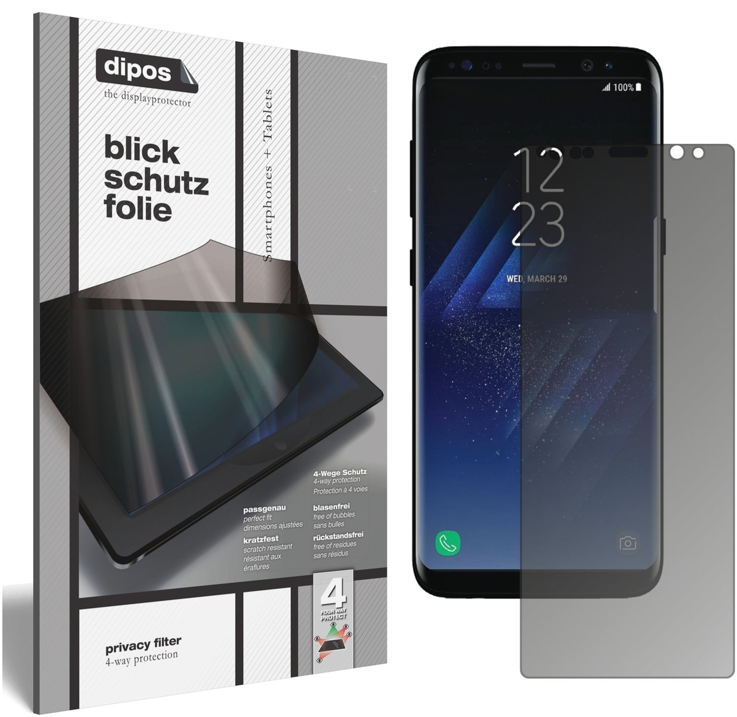 Blickschutzfolie von dipos passend für Samsung Galaxy S8, präziser Zuschnitt und blasenfrei montiert