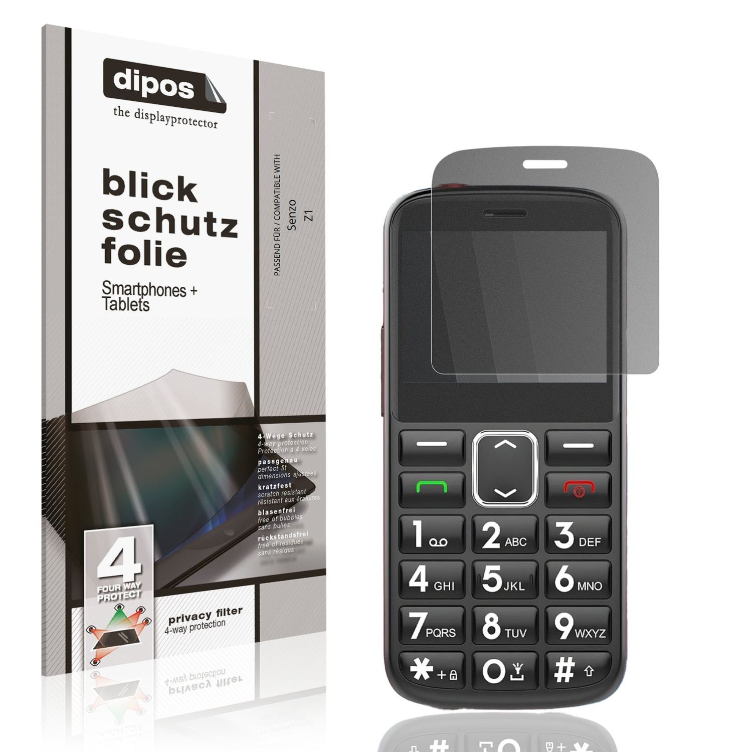 Blickschutzfolie von dipos passend für Senzo Z1, präziser Zuschnitt und blasenfrei montiert