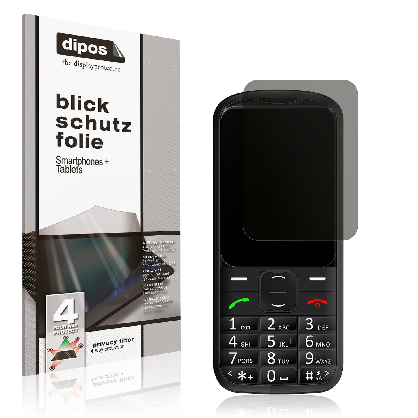 Blickschutzfolie von dipos passend für Simvalley Mobile Seniorenhandy, präziser Zuschnitt und blasenfrei montiert