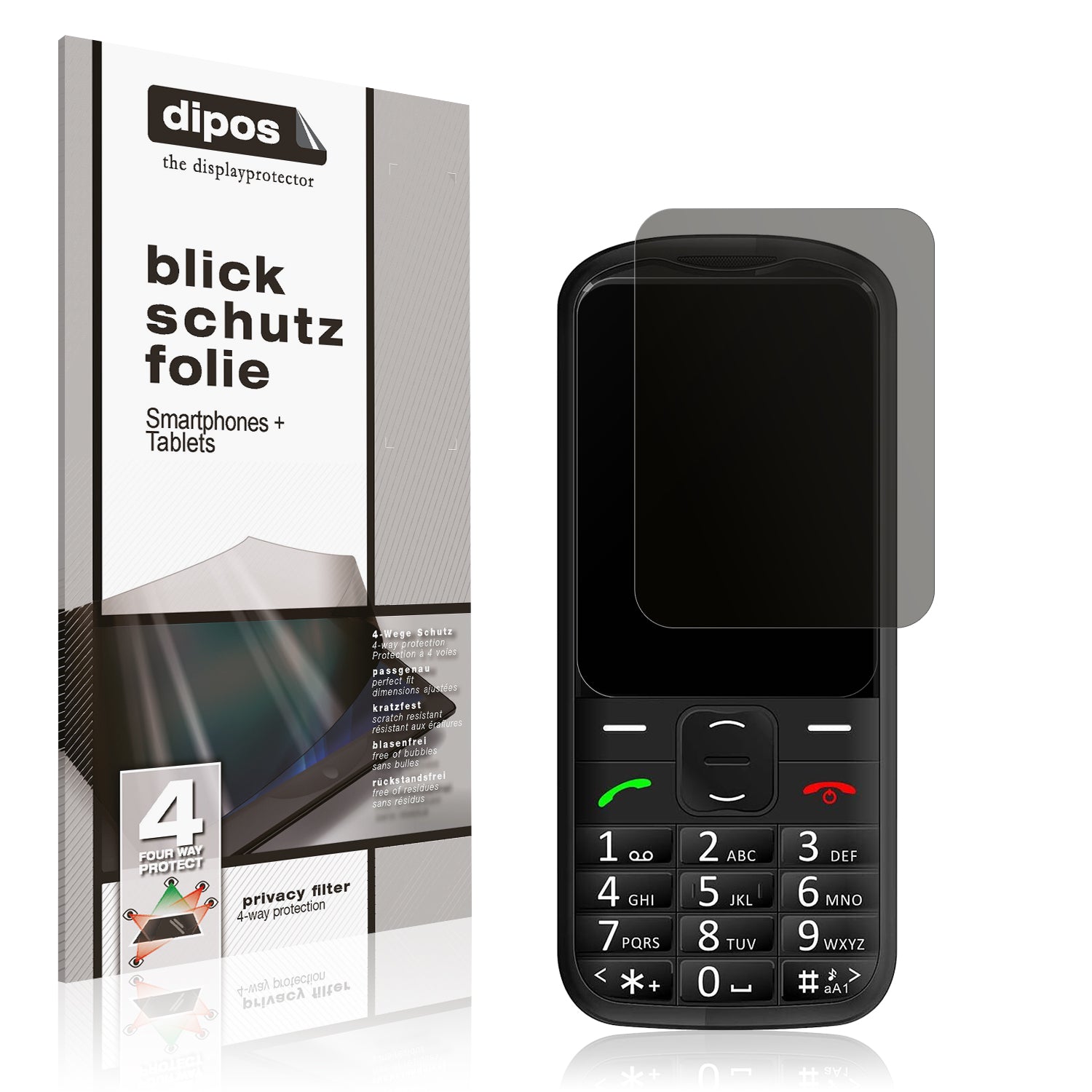 Blickschutzfolie von dipos passend für Simvalley Mobile Seniorenhandy, präziser Zuschnitt und blasenfrei montiert